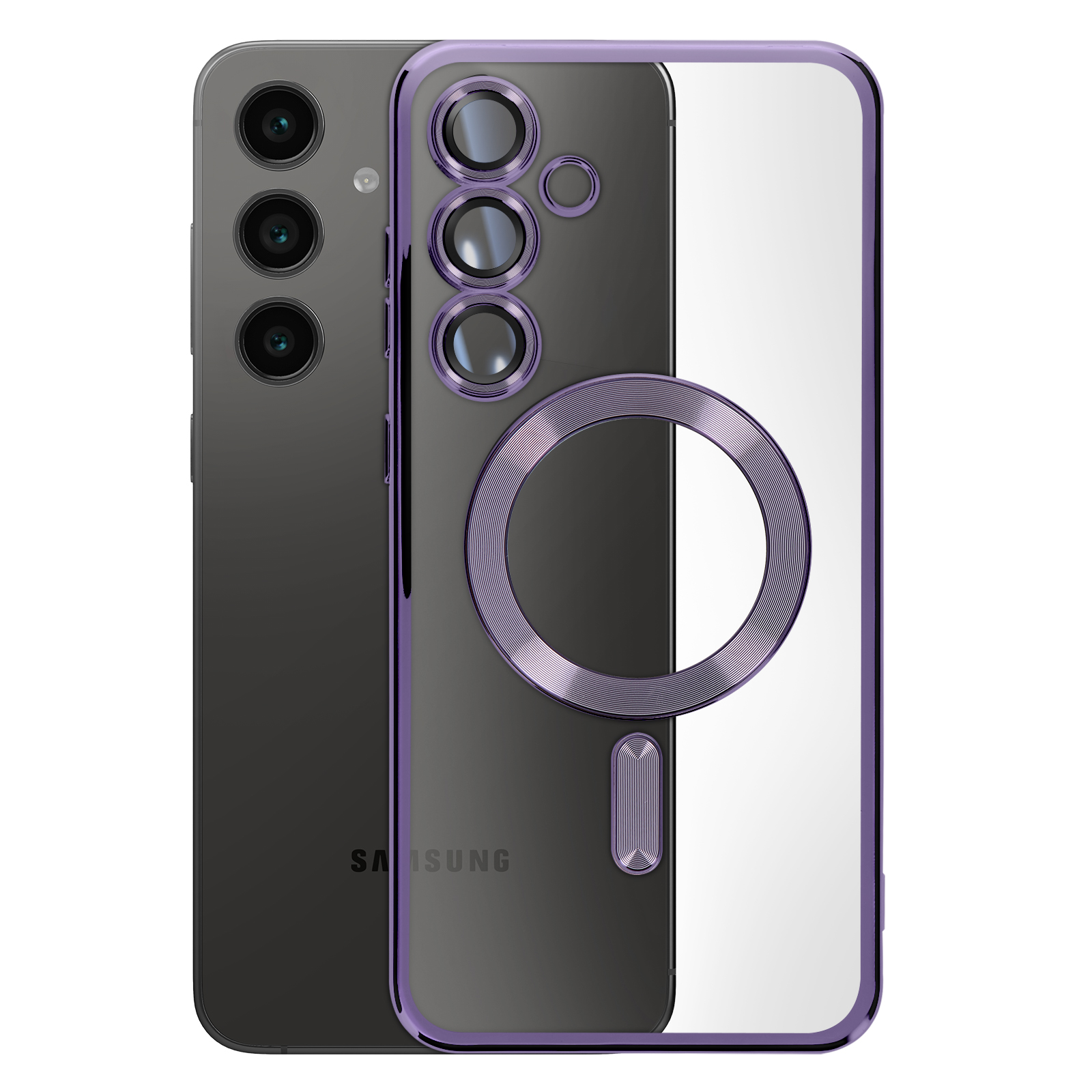 Due telefoni. Uno nero, l'altro con una custodia trasparente con finiture viola e un cerchio.