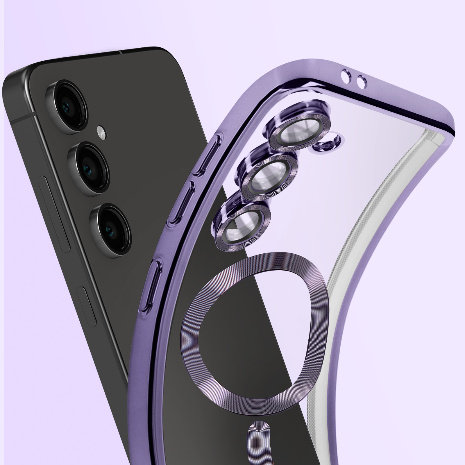 Custodia per telefono con finiture viola. Il telefono è nero. Sono visibili tre obiettivi.