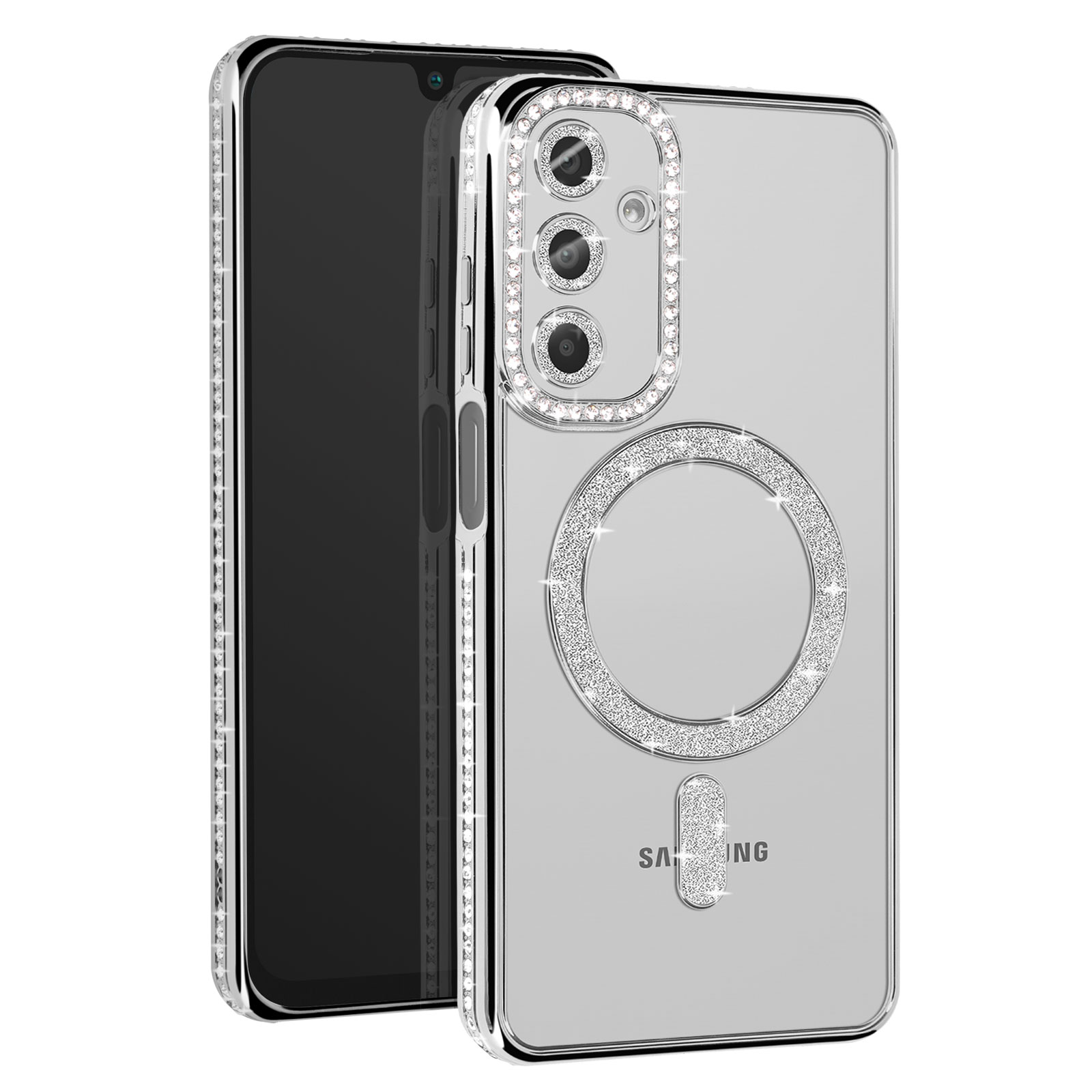 Custodia per telefono con strass. Il telefono è argento. La custodia ha un cerchio e strass.