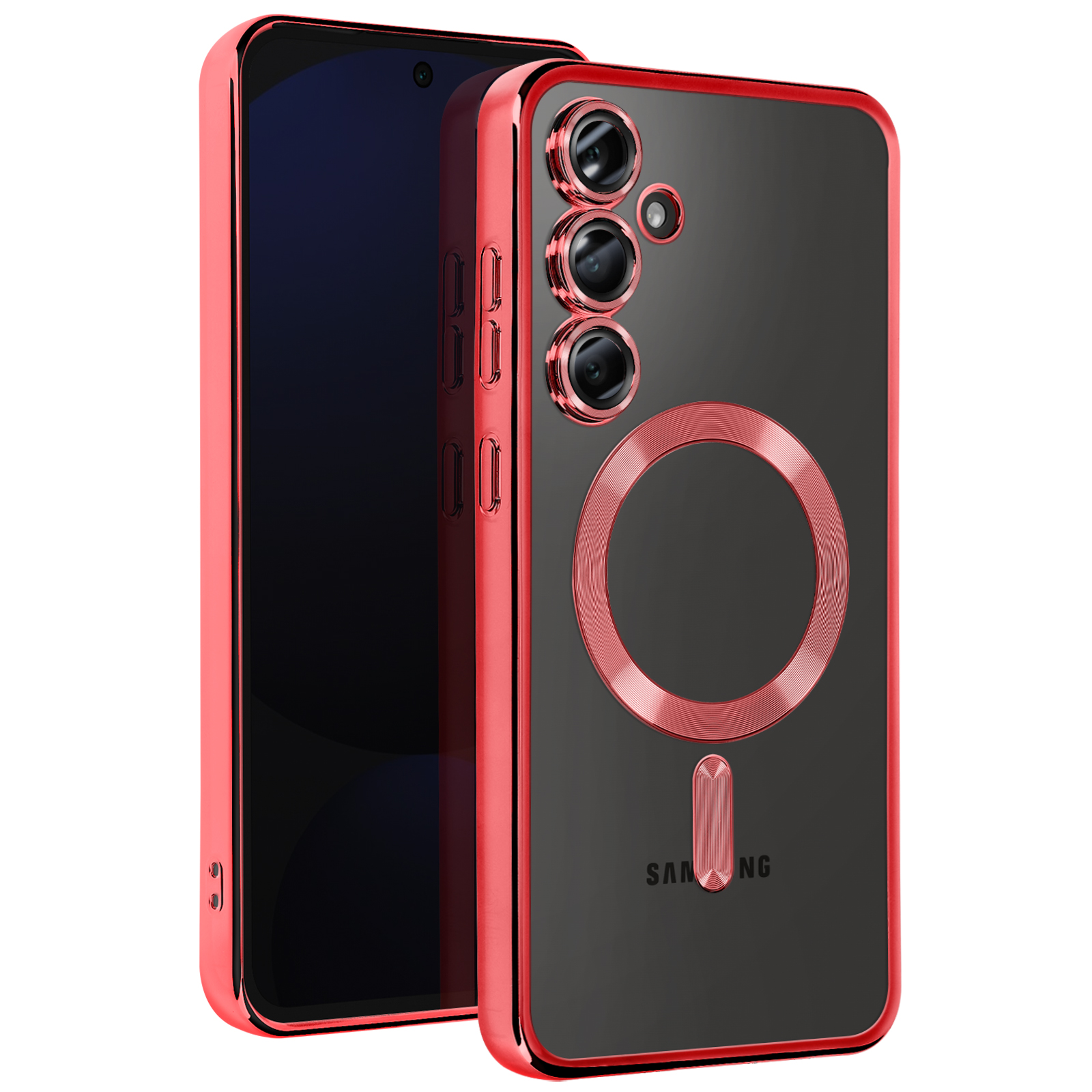 Custodia rossa con retro trasparente. Tre fotocamere visibili. L'anello MagSafe è rosso.