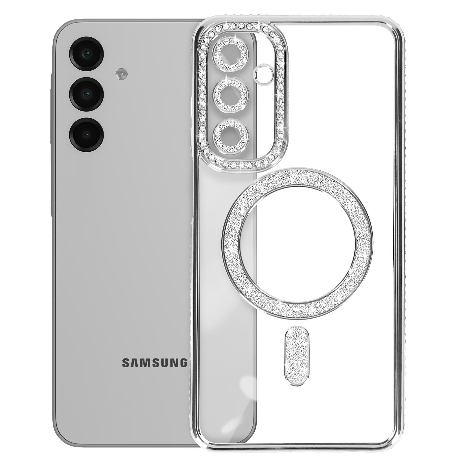 Telefono argentato accanto a una custodia trasparente ricoperta di strass. La custodia ha tre fotocamere.