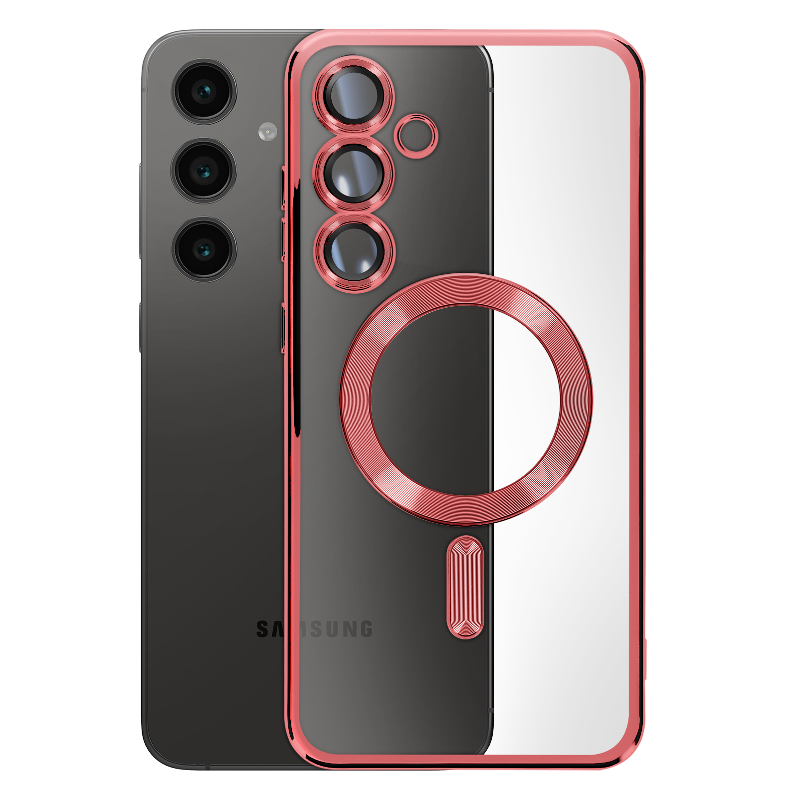 Due telefoni. Uno nero, l'altro con una custodia trasparente con finiture rosse e un cerchio.