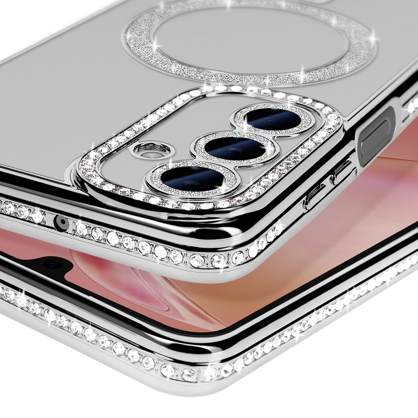 Primo piano di una custodia per telefono con strass attorno agli obiettivi della fotocamera e al cerchio.