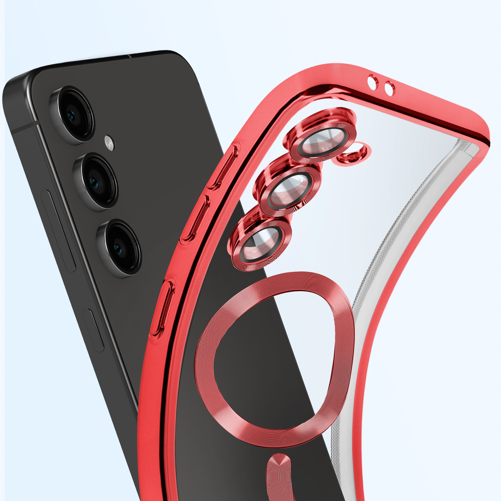 Custodia per telefono con finiture rosse. Il telefono è nero. Sono visibili tre obiettivi.