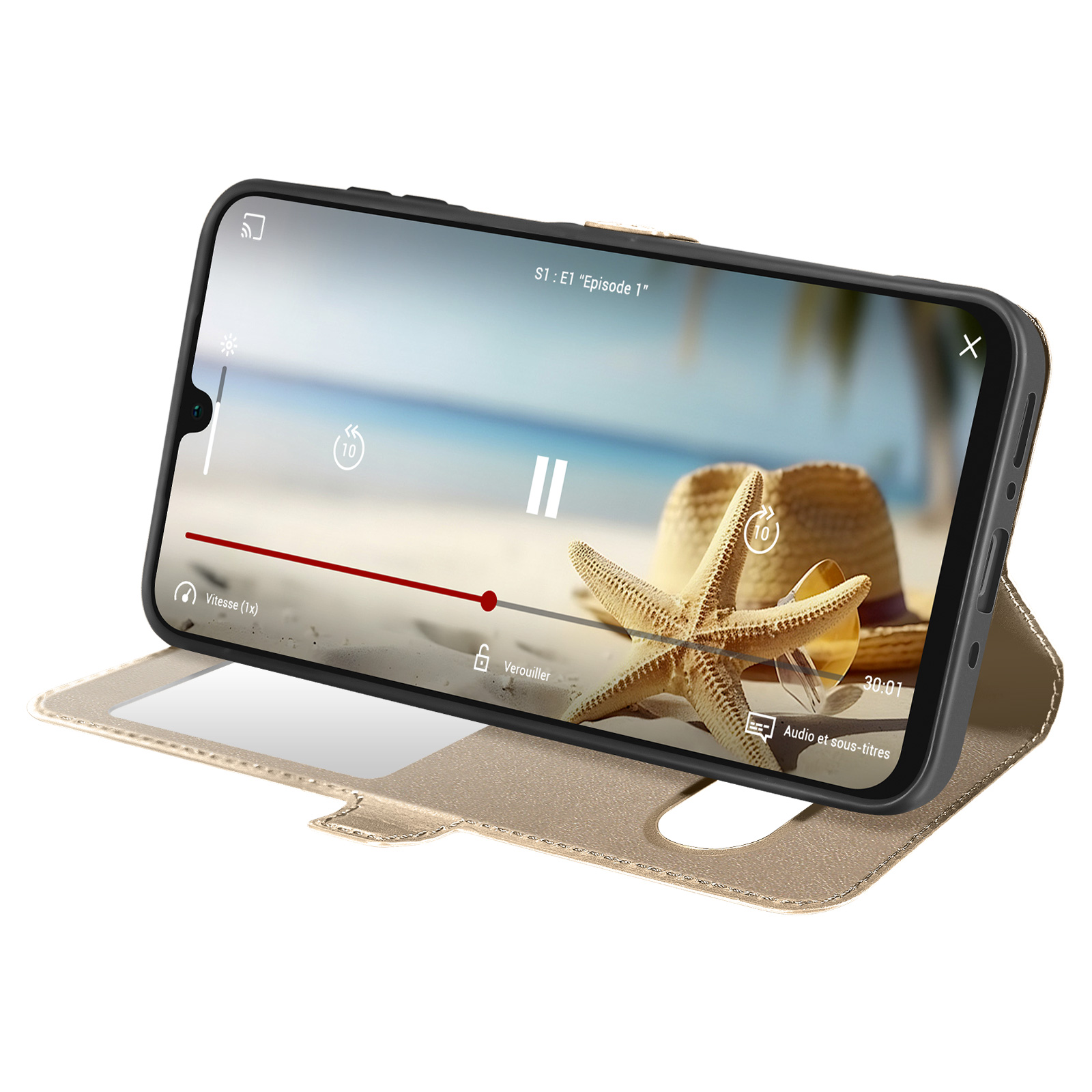 Telefono in una custodia dorata che mostra un video. Lo schermo mostra un video con cappello di paglia e stelle marine.