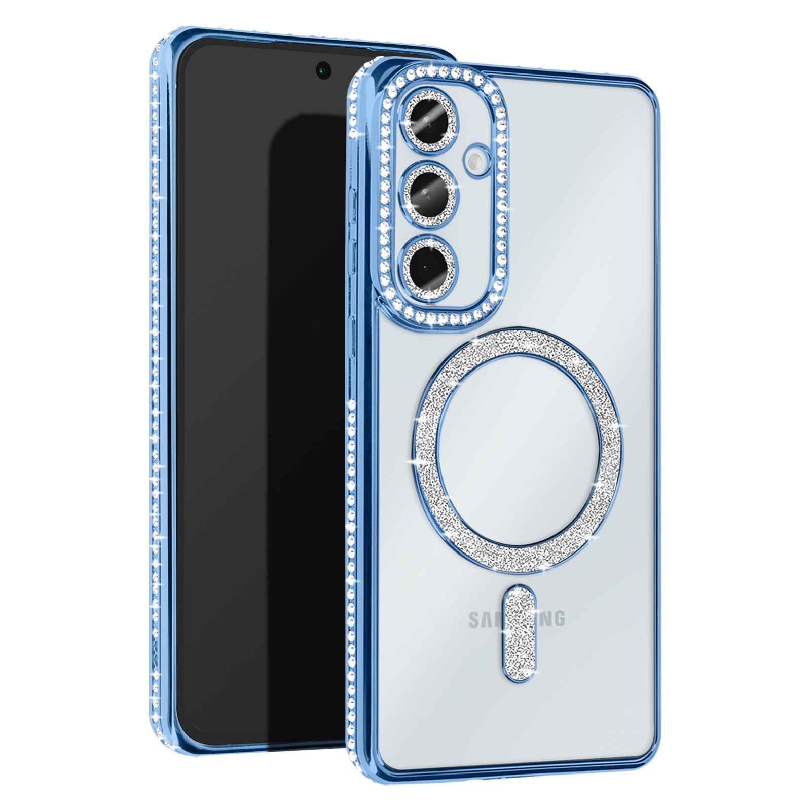 Custodia blu per telefono con dettagli in cristallo. La custodia è per un telefono Samsung.