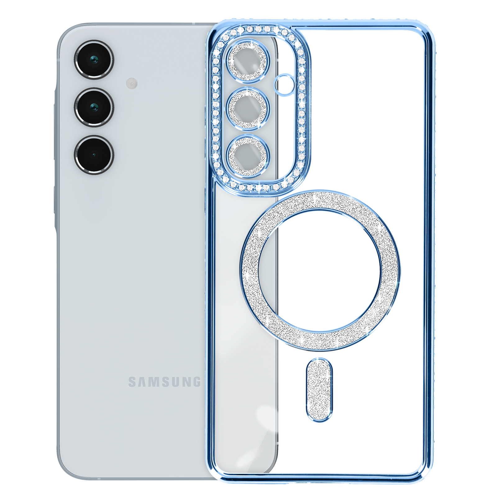 Custodia per telefono blu con diamanti e un telefono bianco. La custodia ha un anello e un retro trasparente.