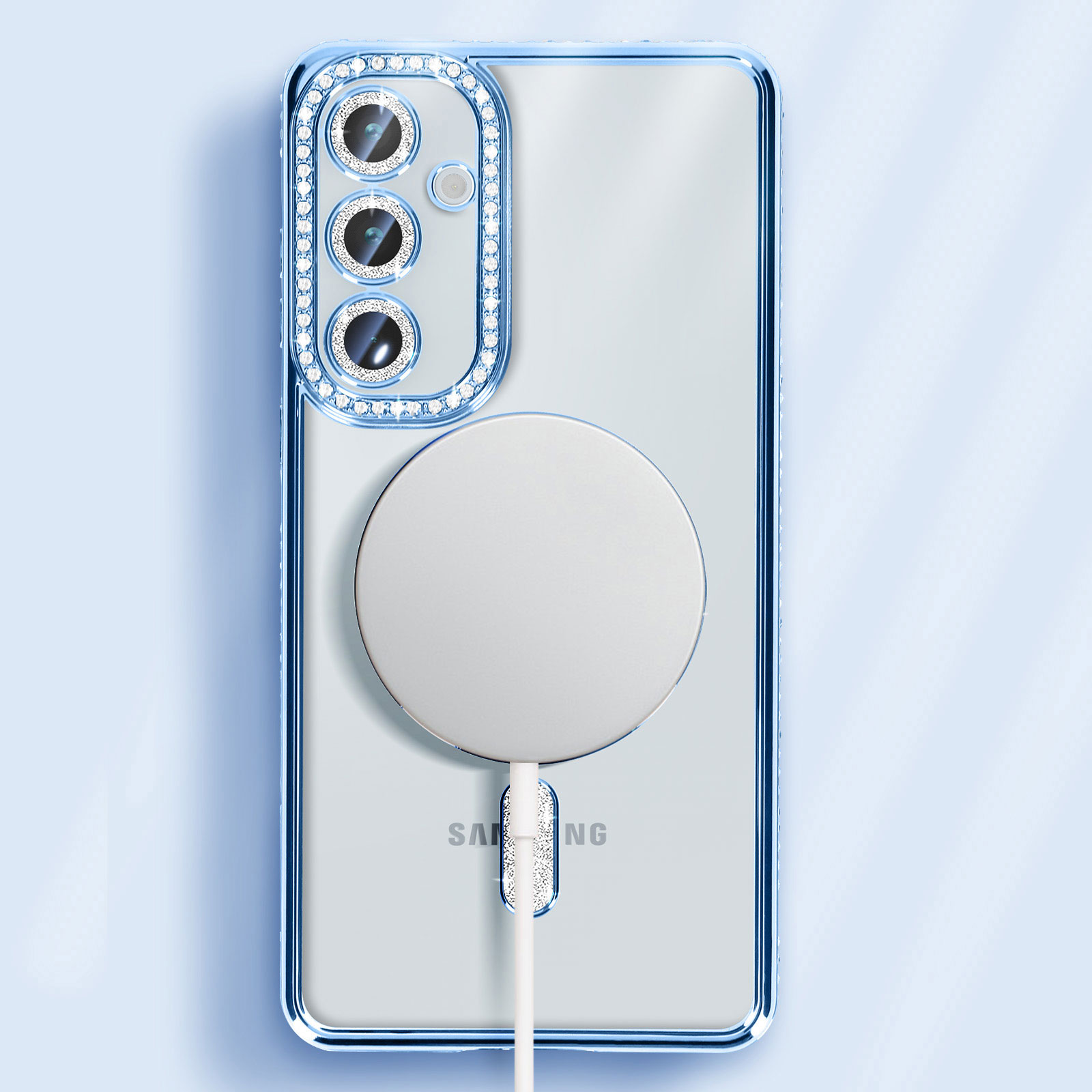 Custodia blu per telefono con caricatore. La custodia ha dettagli in cristallo. Logo Samsung visibile.