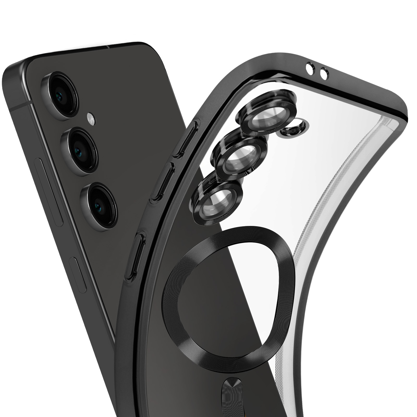Primo piano di un telefono con cornice nera e retro trasparente. Il telefono è nero.