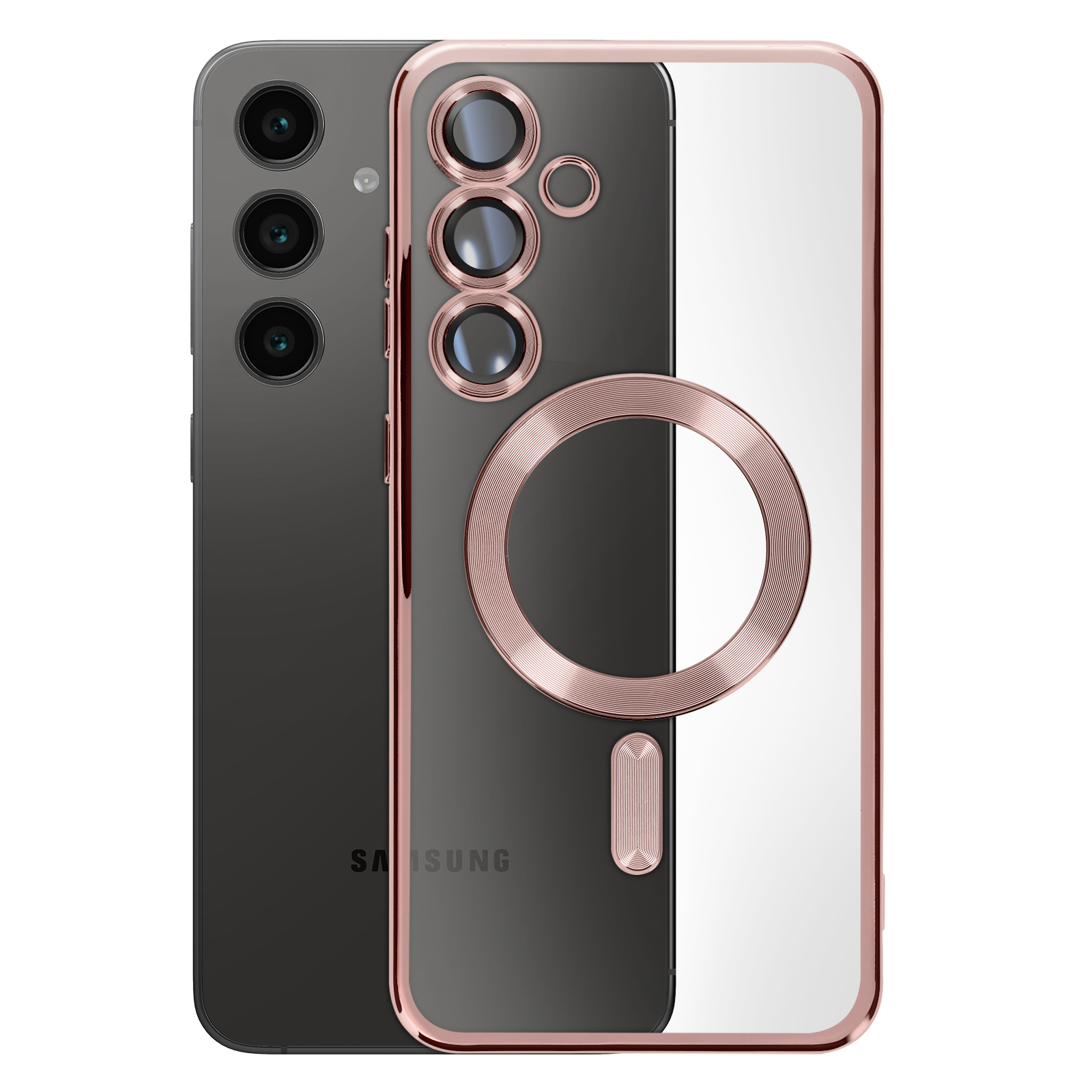 Una custodia per telefono con cornice oro rosa e retro trasparente. C'è anche un altro telefono.