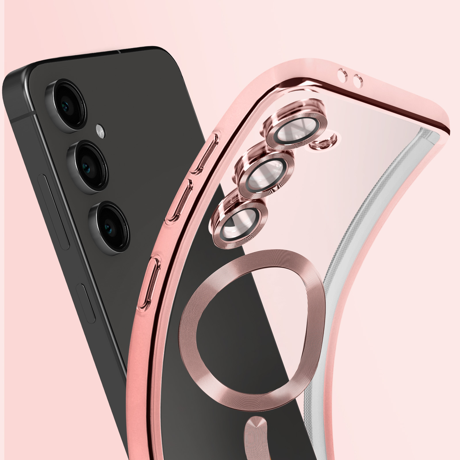 Primo piano di un telefono con cornice oro rosa e retro trasparente. Il telefono è nero.