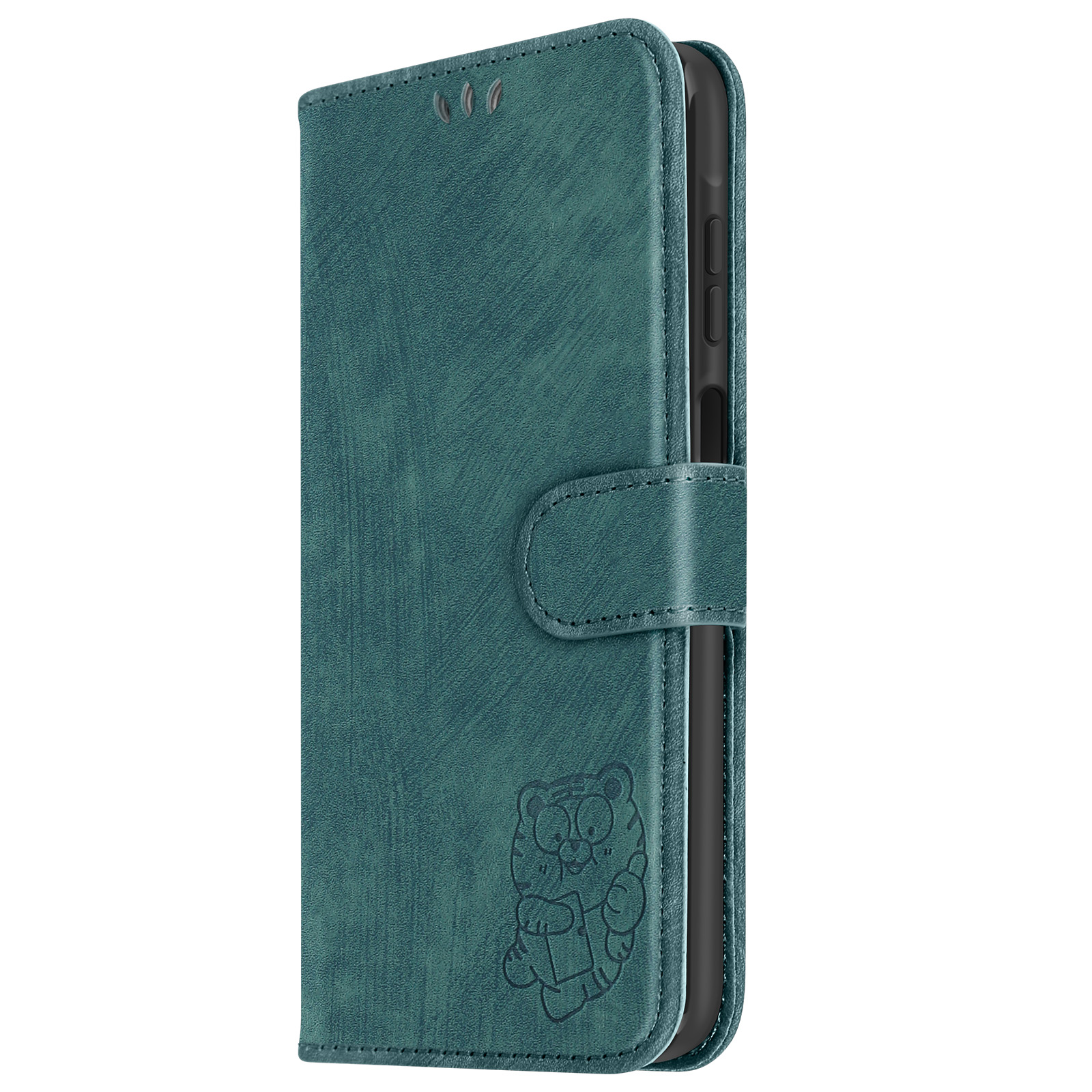 Custodia per telefono verde acqua con motivo a tigre, chiusa con chiusura magnetica.