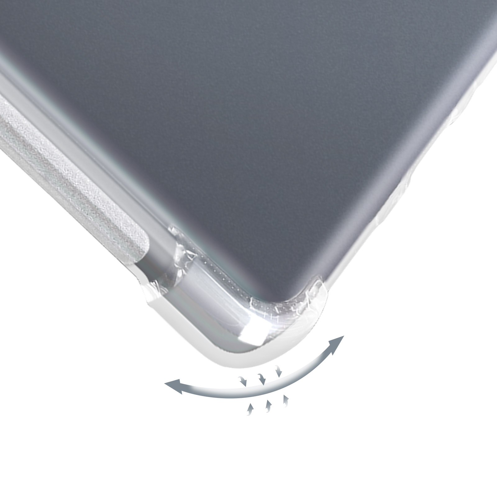 Un angolo della custodia del telefono. Ha un design trasparente con frecce che indicano una funzione di assorbimento degli urti.