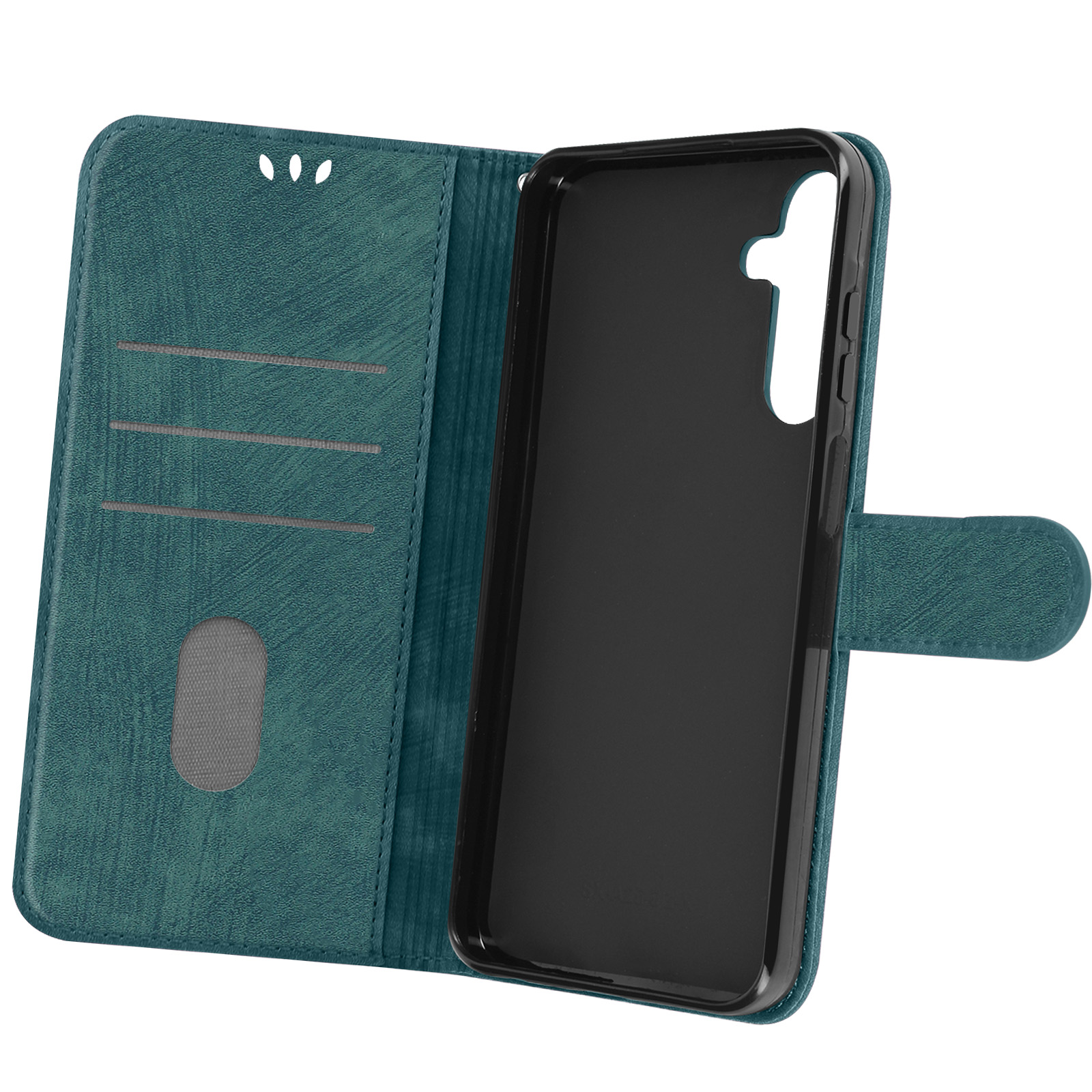 Custodia per telefono verde acqua, aperta, che mostra l'interno del telefono. Ha slot per schede e una chiusura magnetica.
