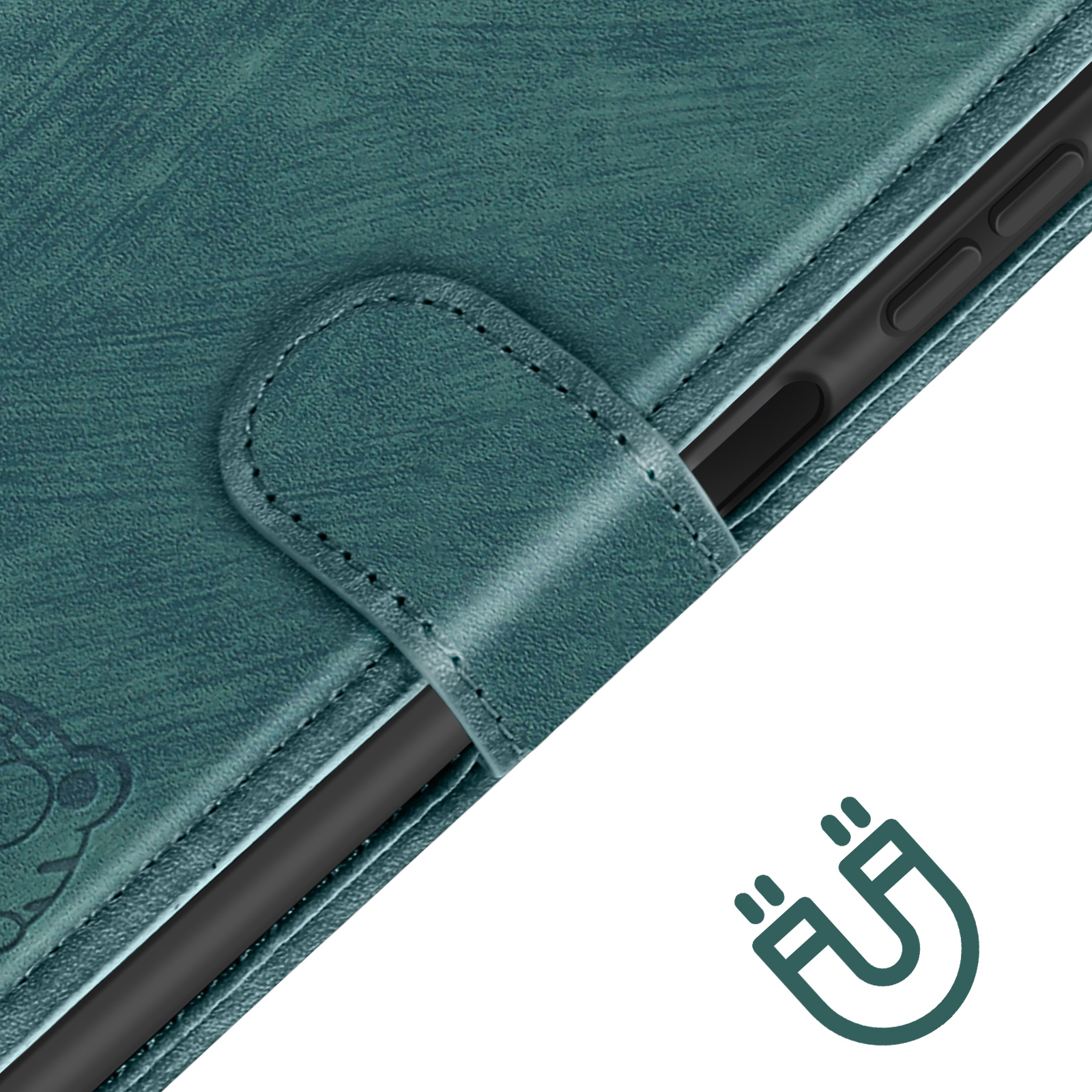 Custodia per telefono verde acqua con cuciture e chiusura magnetica. Telefono nero parzialmente visibile.