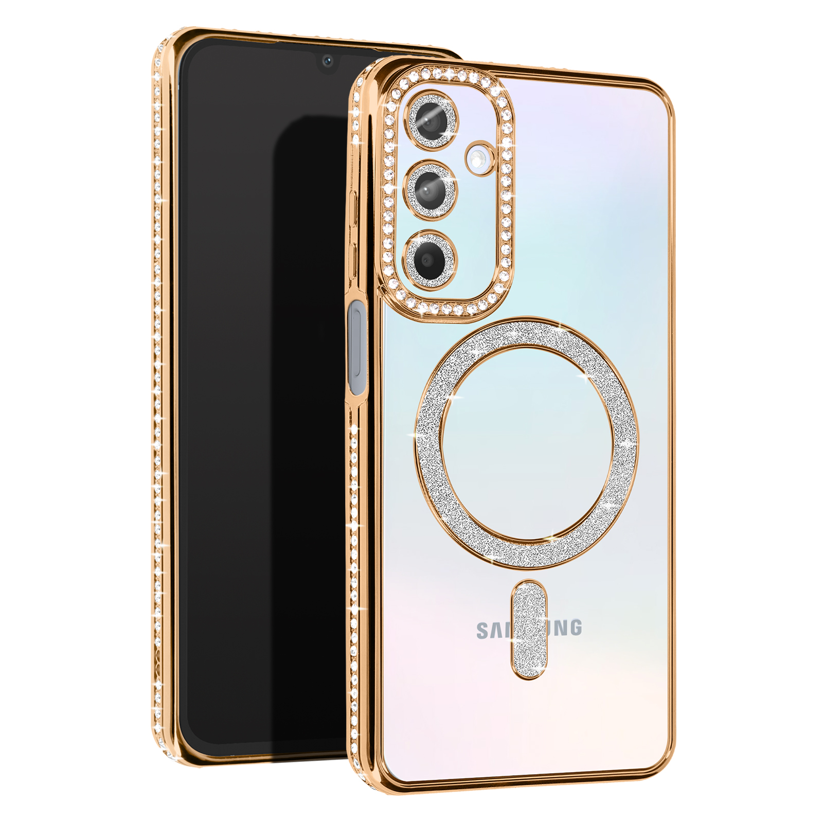 Custodia dorata con cristalli attorno alla fotocamera e un anello. Telefono visibile all'interno. Schermo nero.