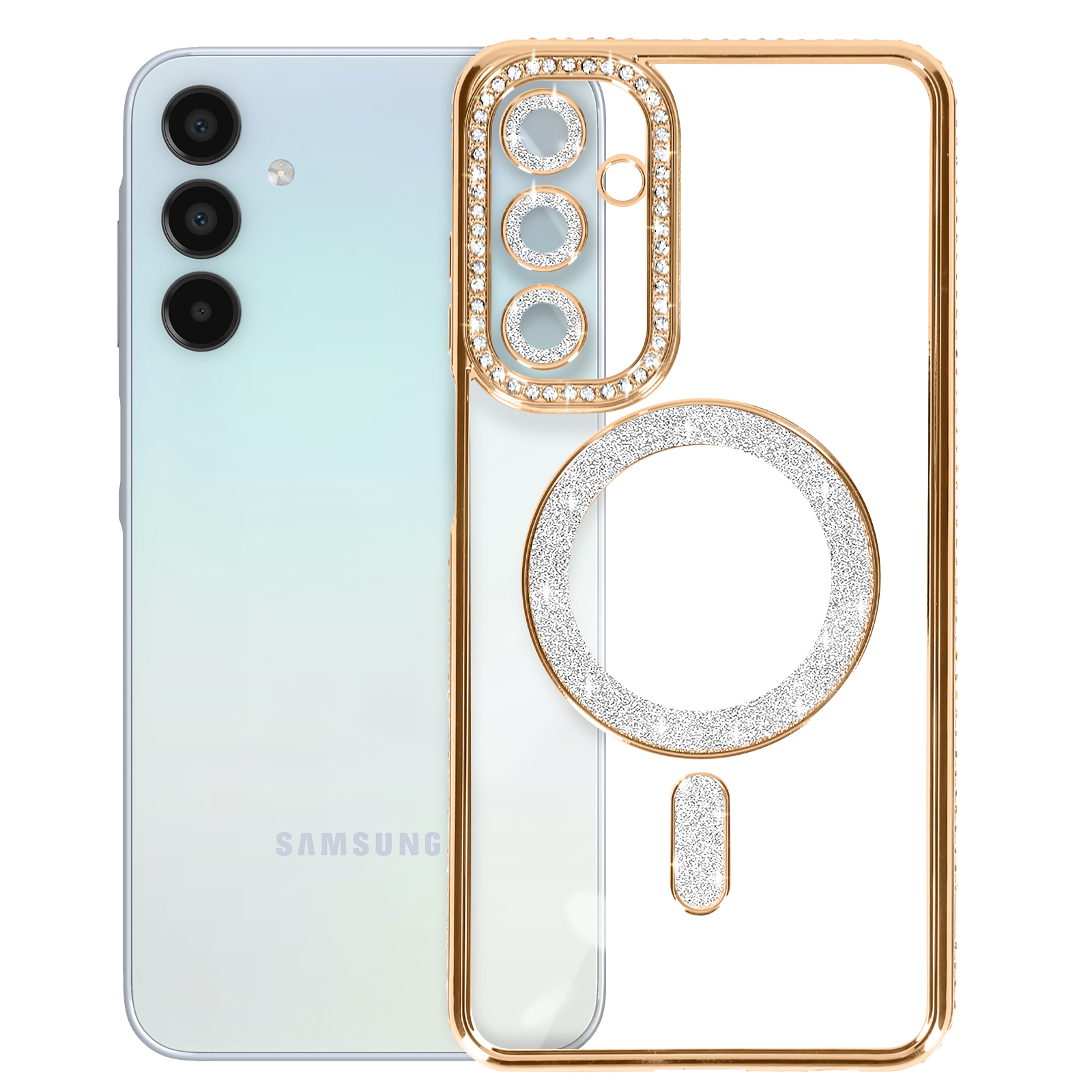 Custodia dorata con anello bianco. Presenta cristalli intorno alla fotocamera e sul telefono.