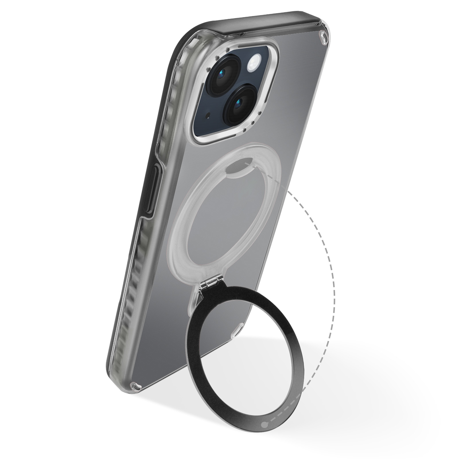 Custodia trasparente con anello. Presenta un anello nero che può essere usato come supporto.