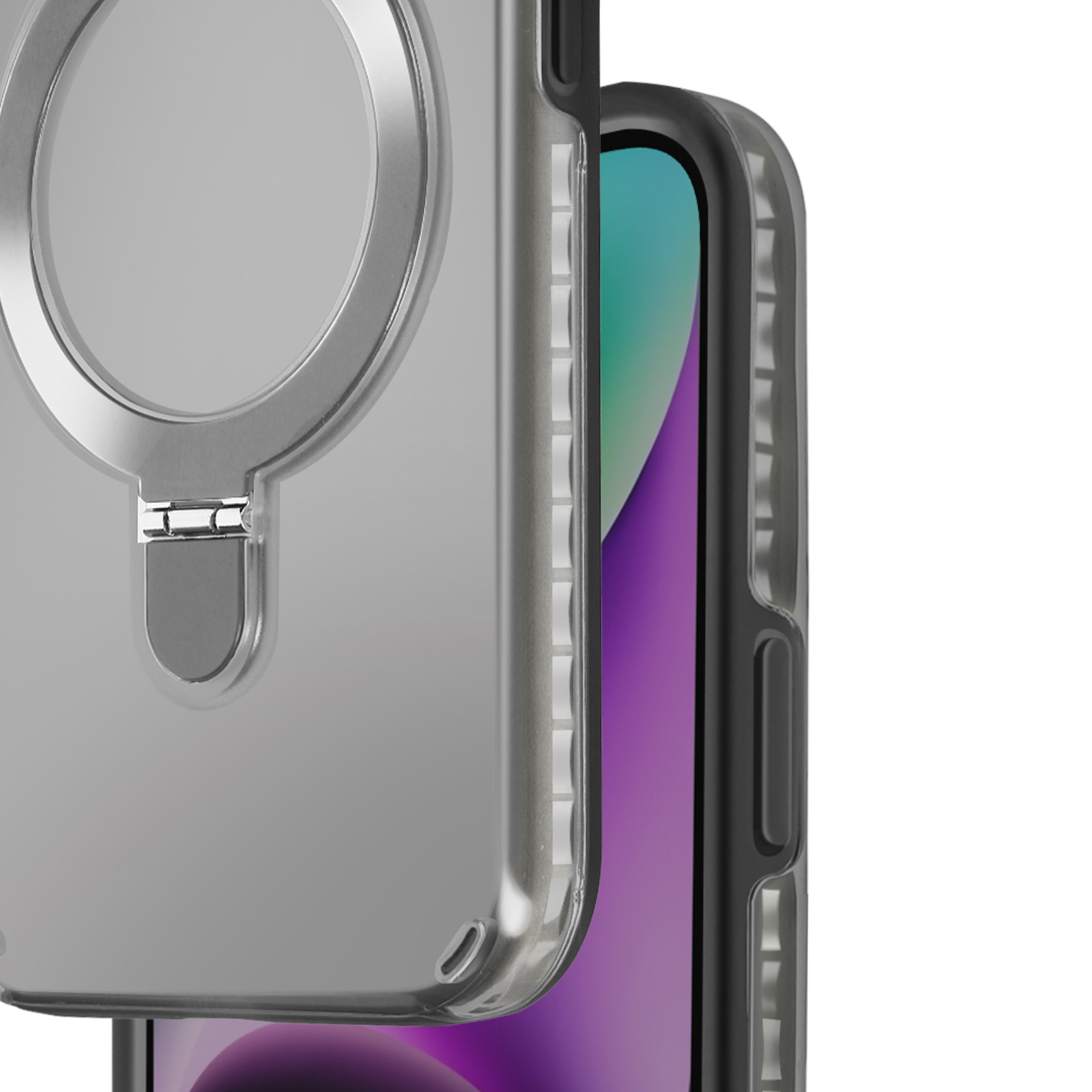 Primo piano di una custodia trasparente con un telefono nero all'interno e un supporto ad anello. Il supporto ad anello è aperto.