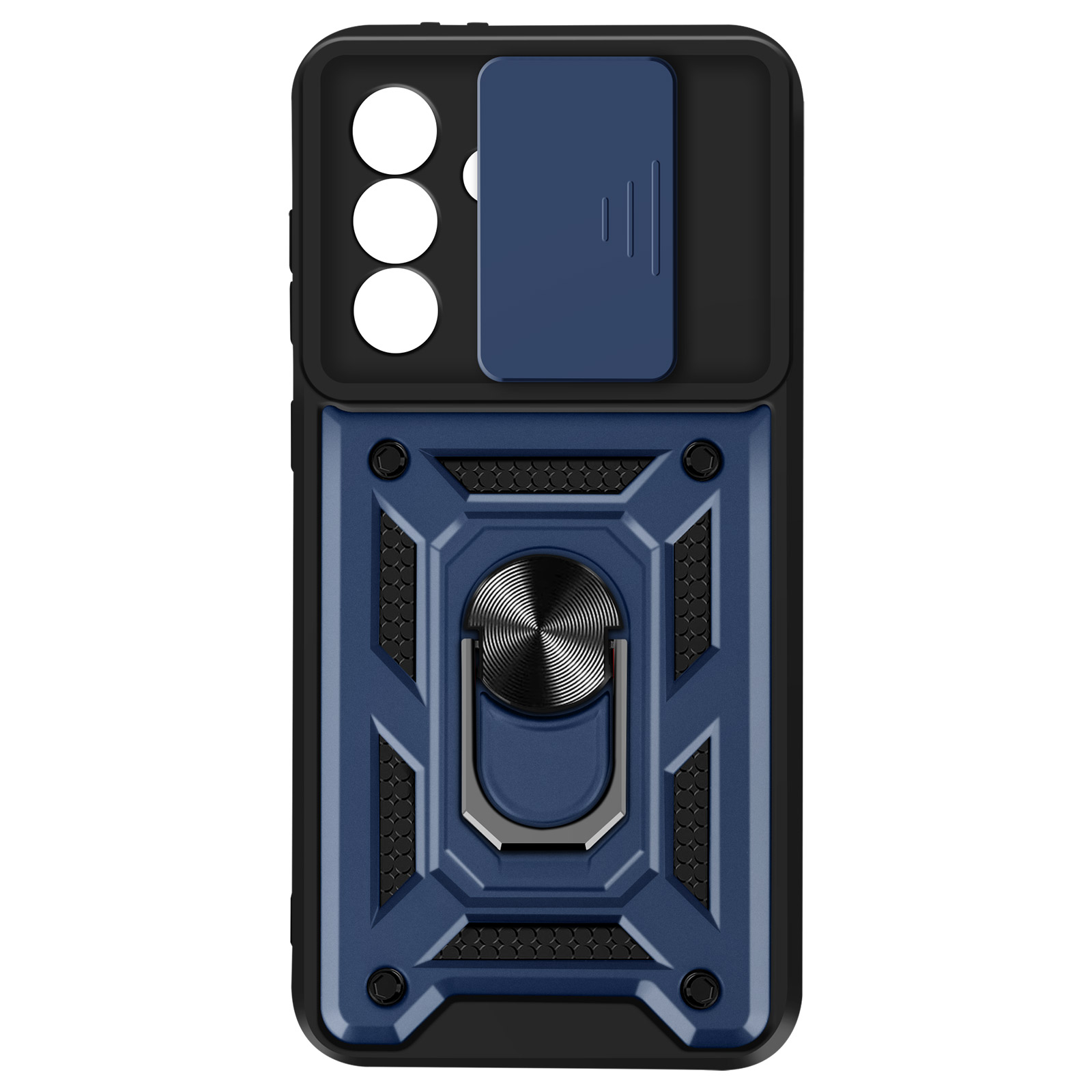 Blauw en zwart telefoonhoesje met een cameralensafdekking en een ringstandaard. Zeshoekig patroon en metalen ring.