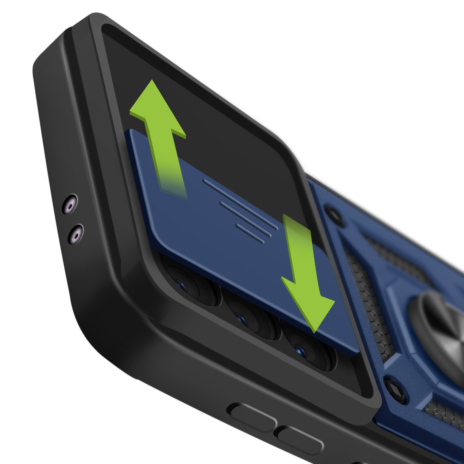 Le frecce indicano lo scorrimento di una copertura della fotocamera blu su e giù su una custodia del telefono. Nero e blu.