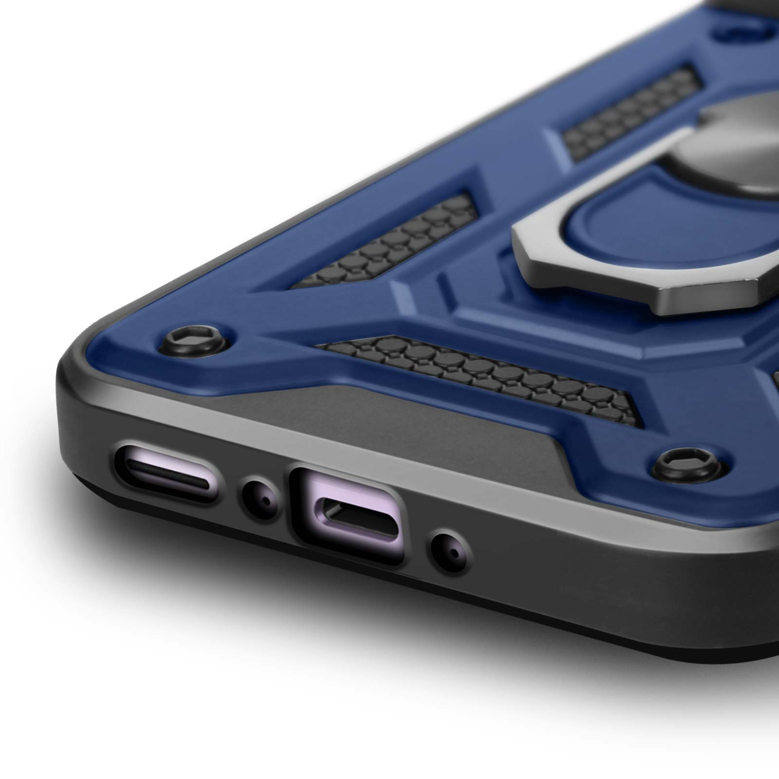 Custodia per telefono blu e nera. Presenta un anello e un design blu scuro e nero.