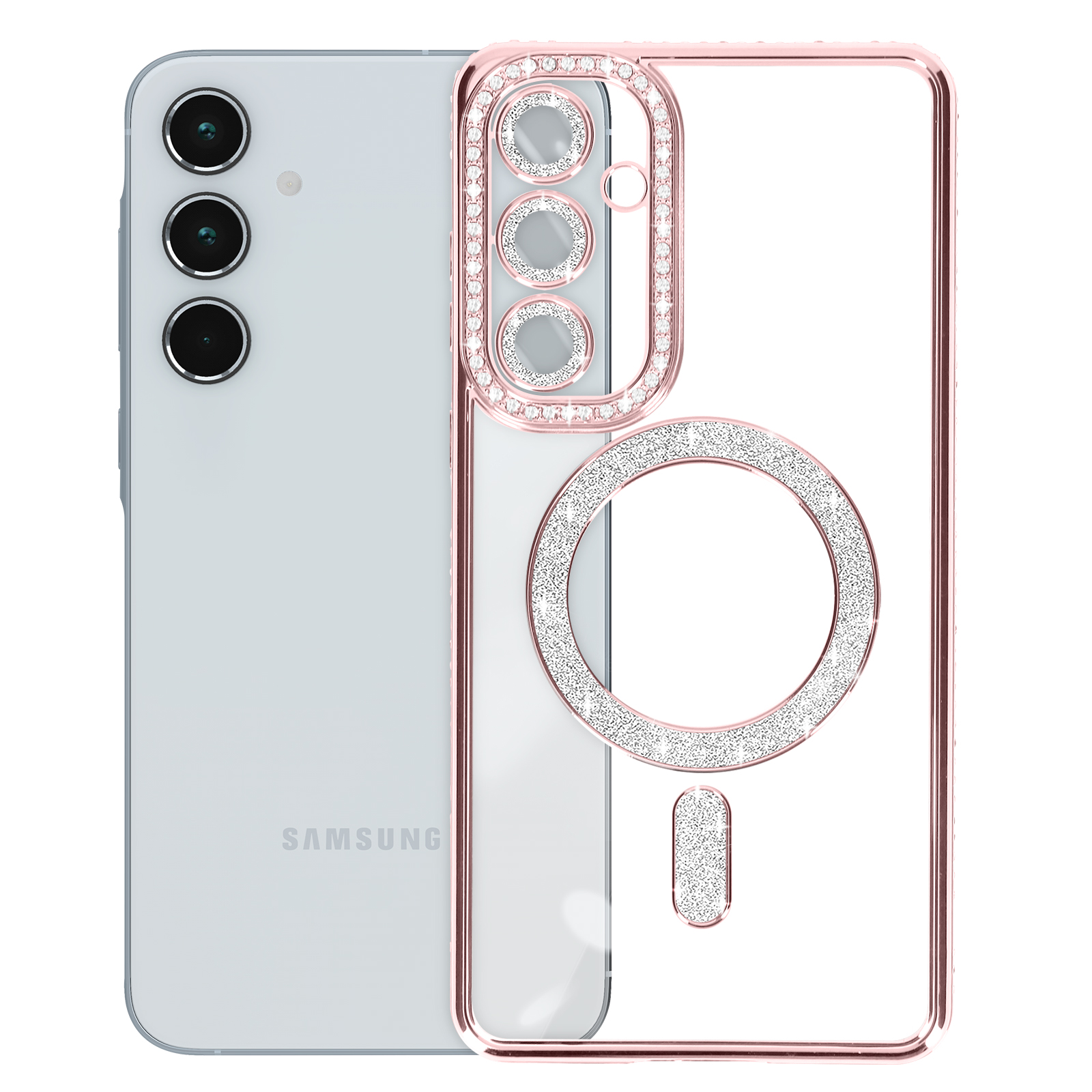 Custodia oro rosa con dettagli in cristallo, un pad di ricarica bianco e un telefono. Sfondo bianco e rosa.