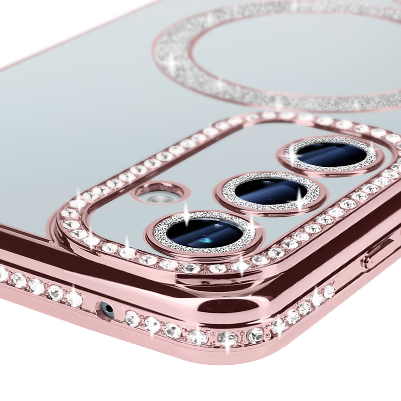 Primo piano di custodia per telefono con strass. Cornice oro rosa con retro trasparente.
