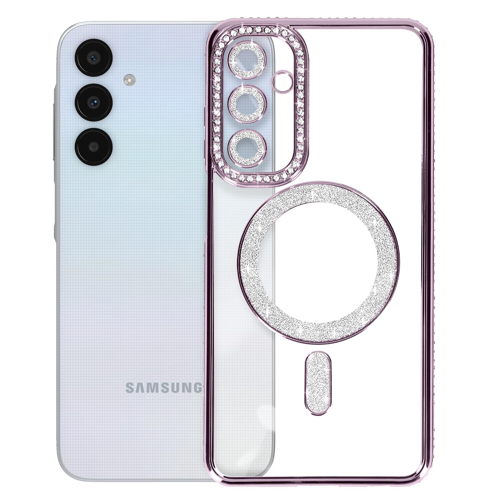 Telefono con custodia trasparente, strass attorno alla fotocamera. Logo Samsung visibile.