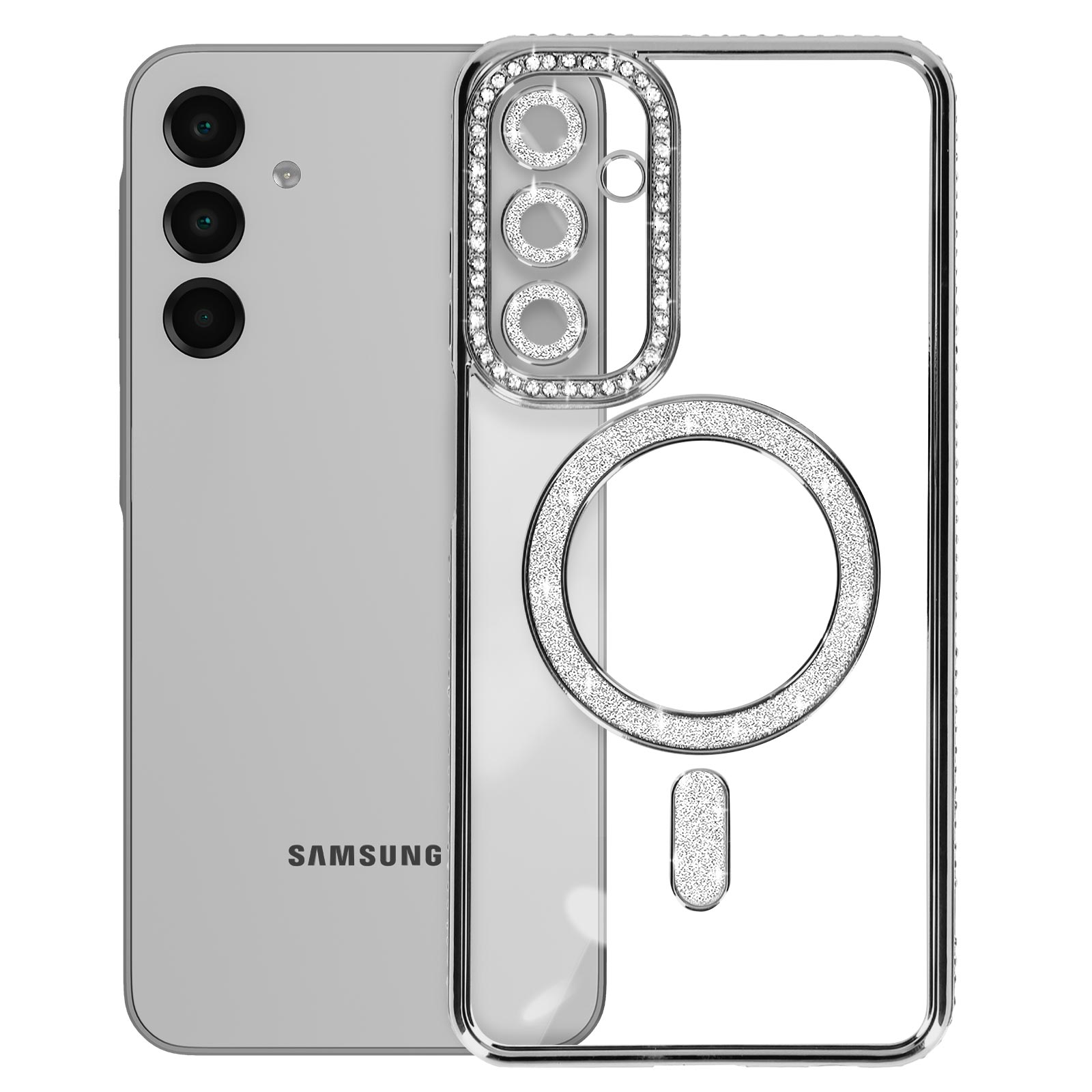 Telefono con custodia trasparente, strass attorno alla fotocamera. Logo Samsung visibile.