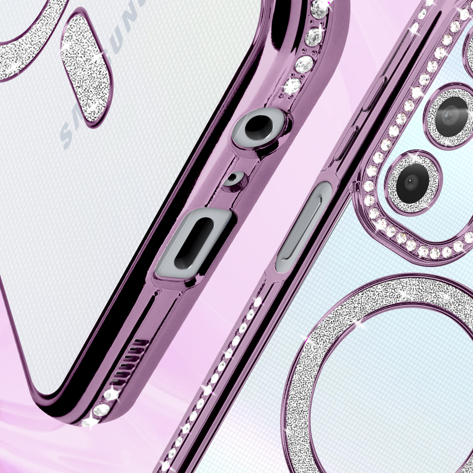 Primo piano di una custodia per telefono con bordo viola e strass, retro trasparente.