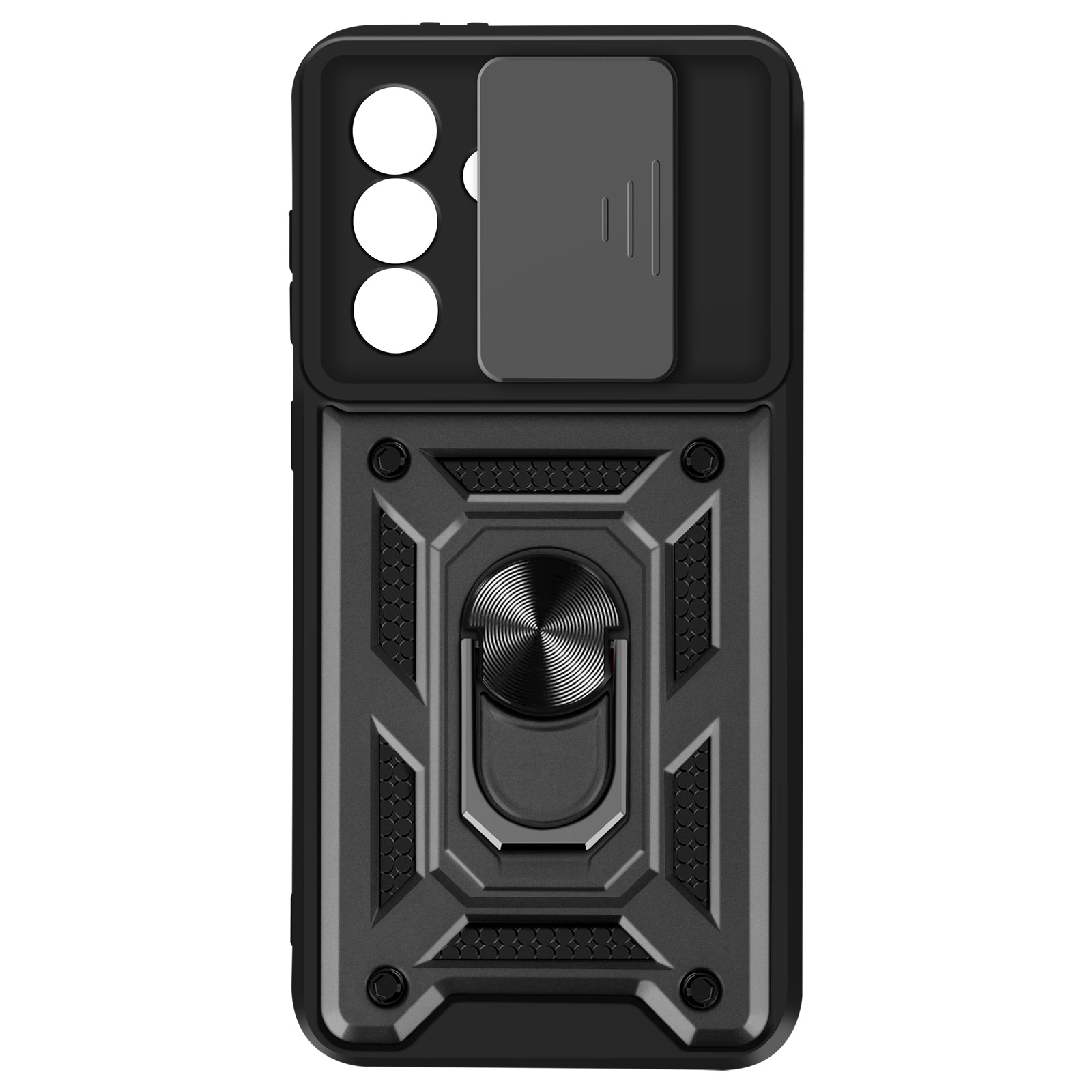 Coque de téléphone noire avec cache caméra coulissant, support de bague et design texturé.