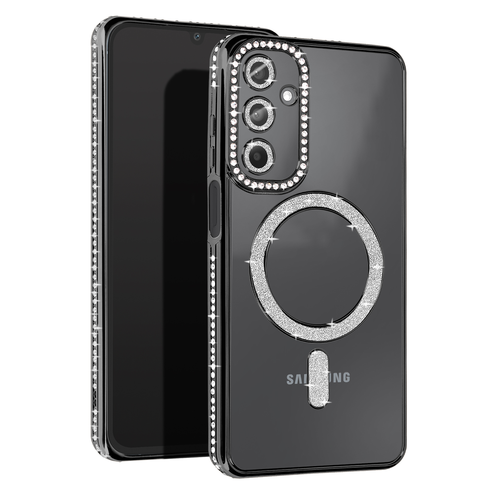 Telefono Samsung nero con custodia trasparente, cristalli, anello magnetico, sfondo nero.
