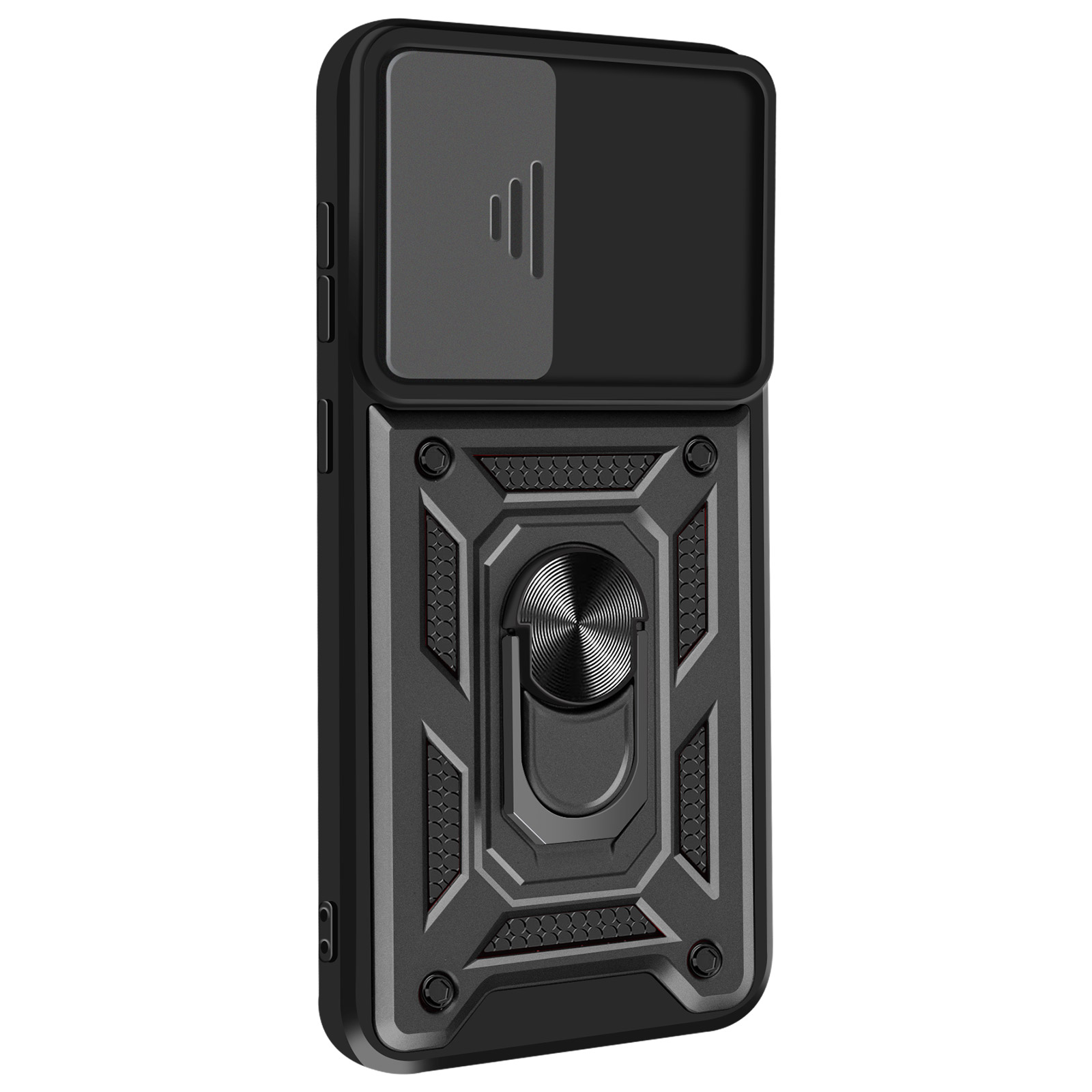 Coque de téléphone noire avec cache caméra coulissant et anneau. Fond gris.