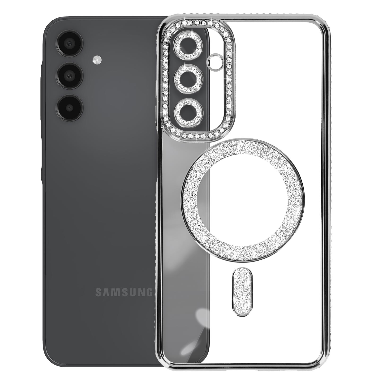 Telefono con custodia trasparente, strass attorno alla fotocamera. Logo Samsung visibile.