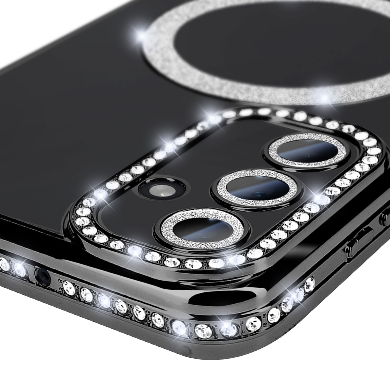Primo piano di una custodia per telefono con cornice nera, strass e lenti triple.