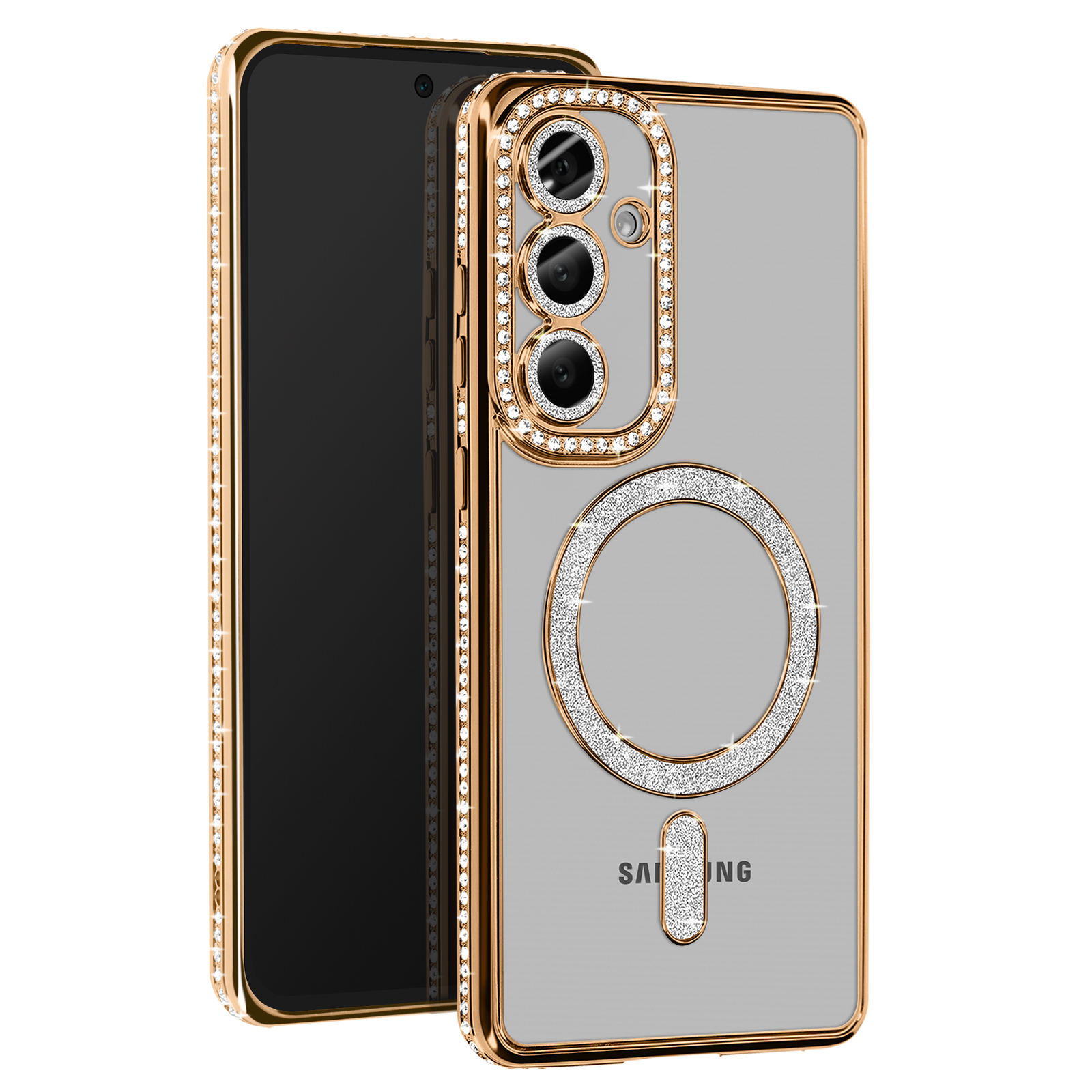 Custodia dorata con bordo diamantato. Retro con anello e dettagli fotocamera. Il telefono è dentro.