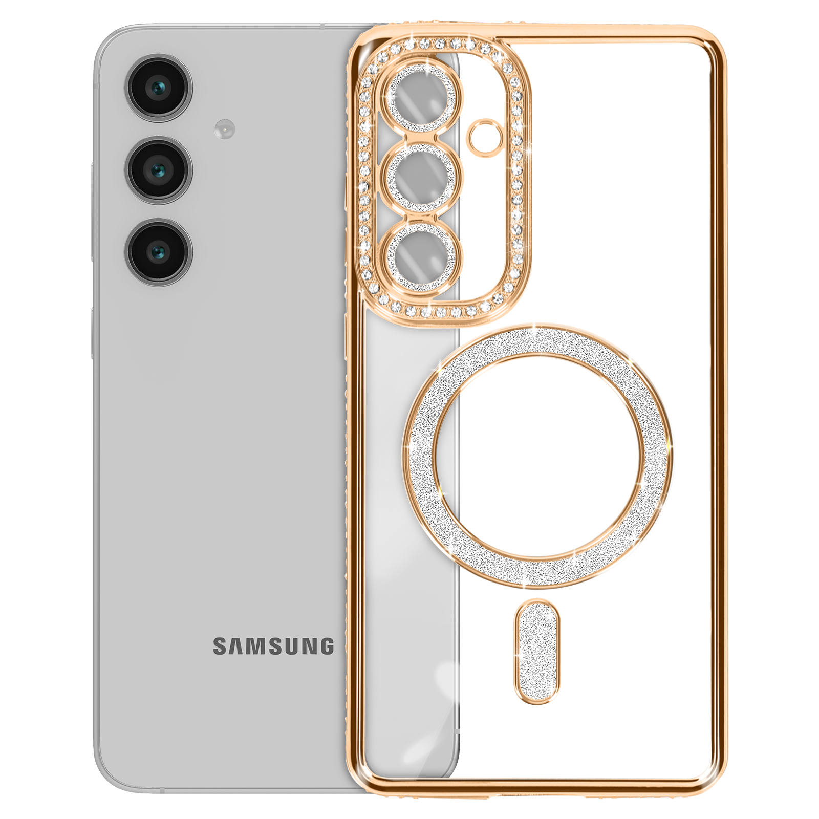 Telefono argentato e custodia trasparente con bordo dorato e strass, cerchio bianco.