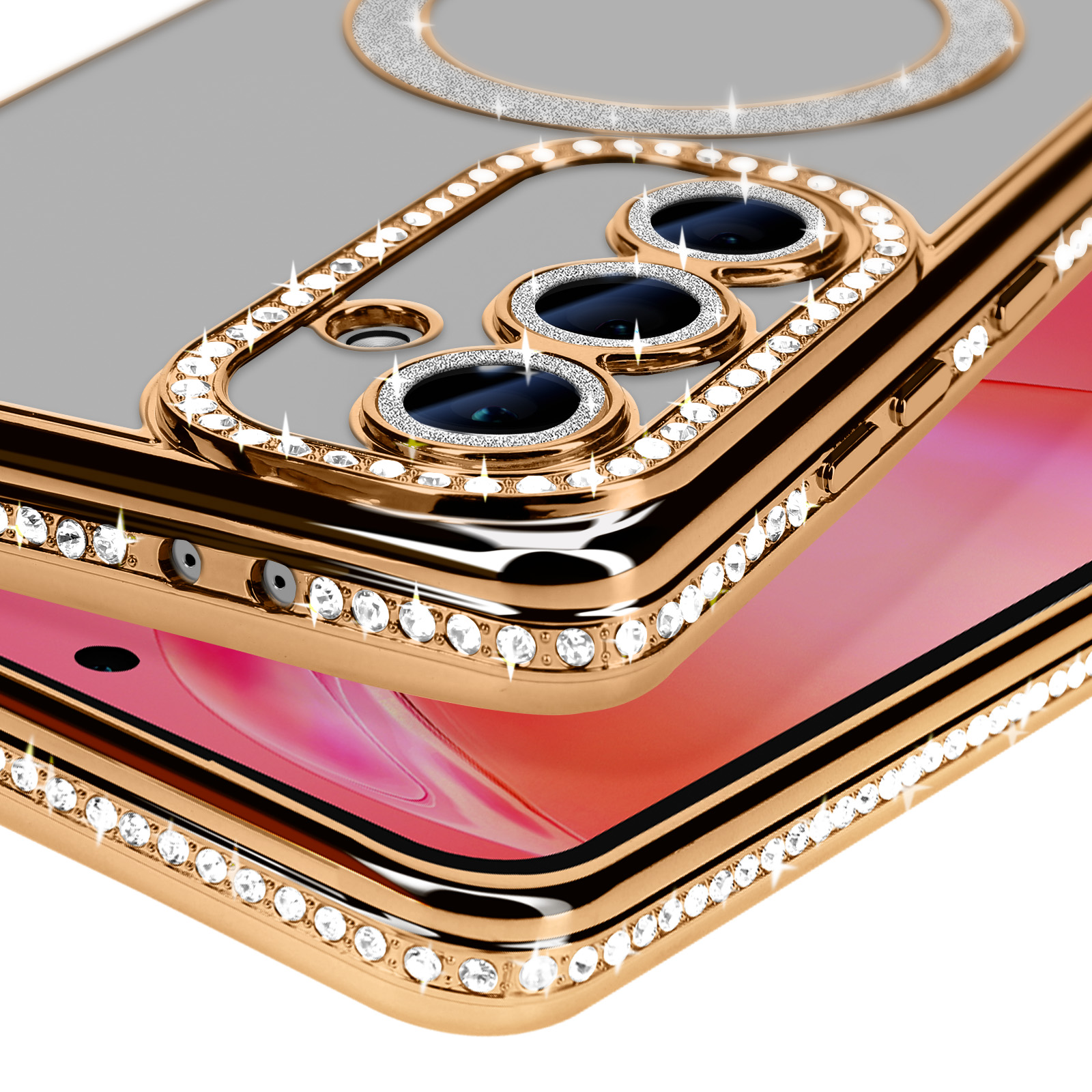 Custodia dorata con dettagli diamante. Telefono nella custodia. Fotocamera e anello visibili.