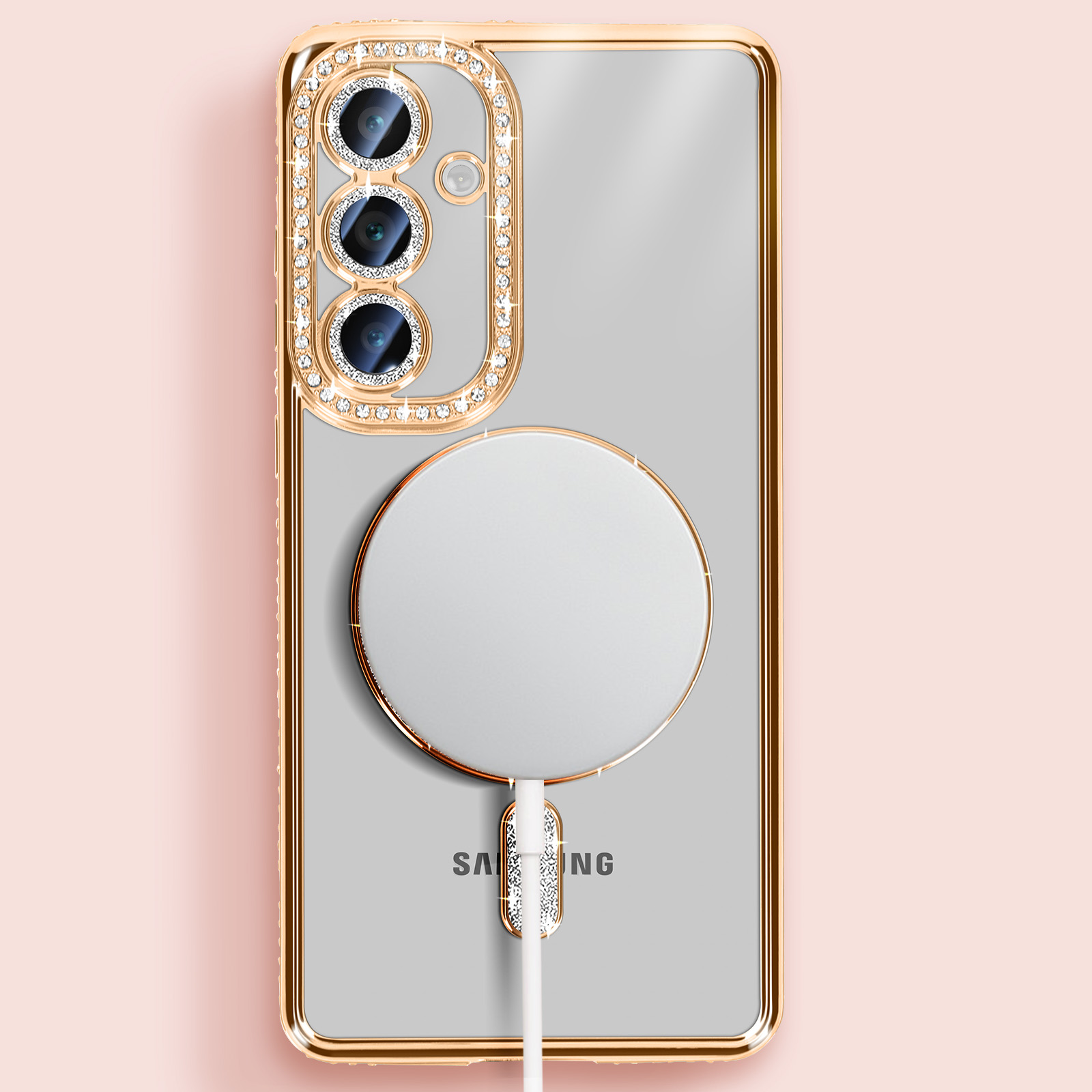 Custodia per telefono con cornice dorata e strass. Cerchio di ricarica bianco su sfondo rosa.