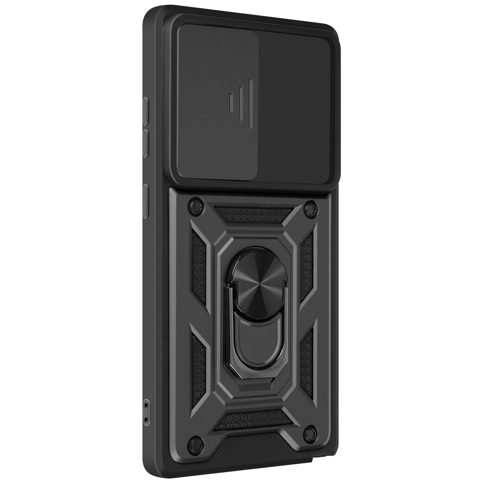 Custodia nera con copertura scorrevole per la fotocamera. Anello di supporto presente.