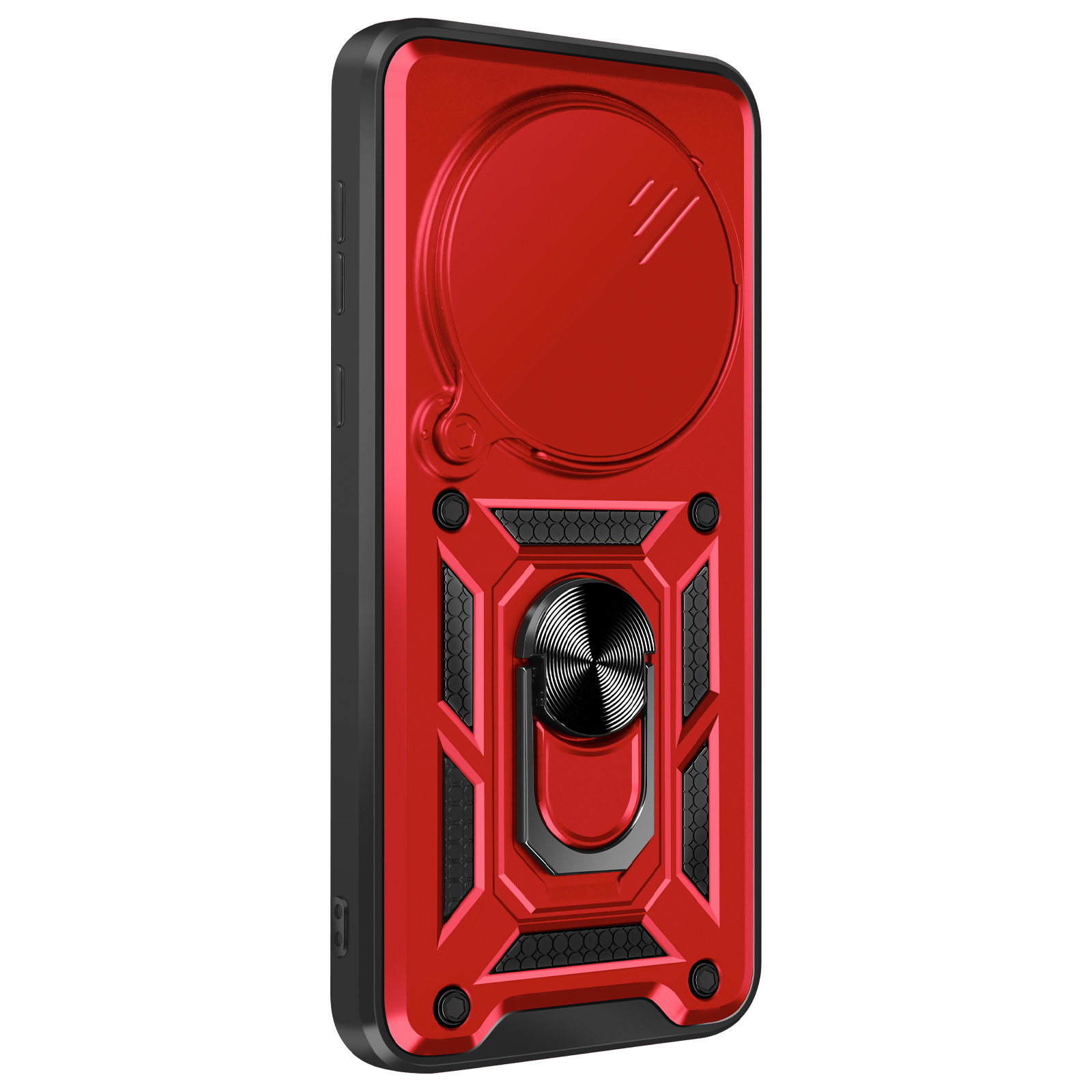 Custodia rossa con cursore. Anello di supporto presente. Cornice nera attorno alla custodia.