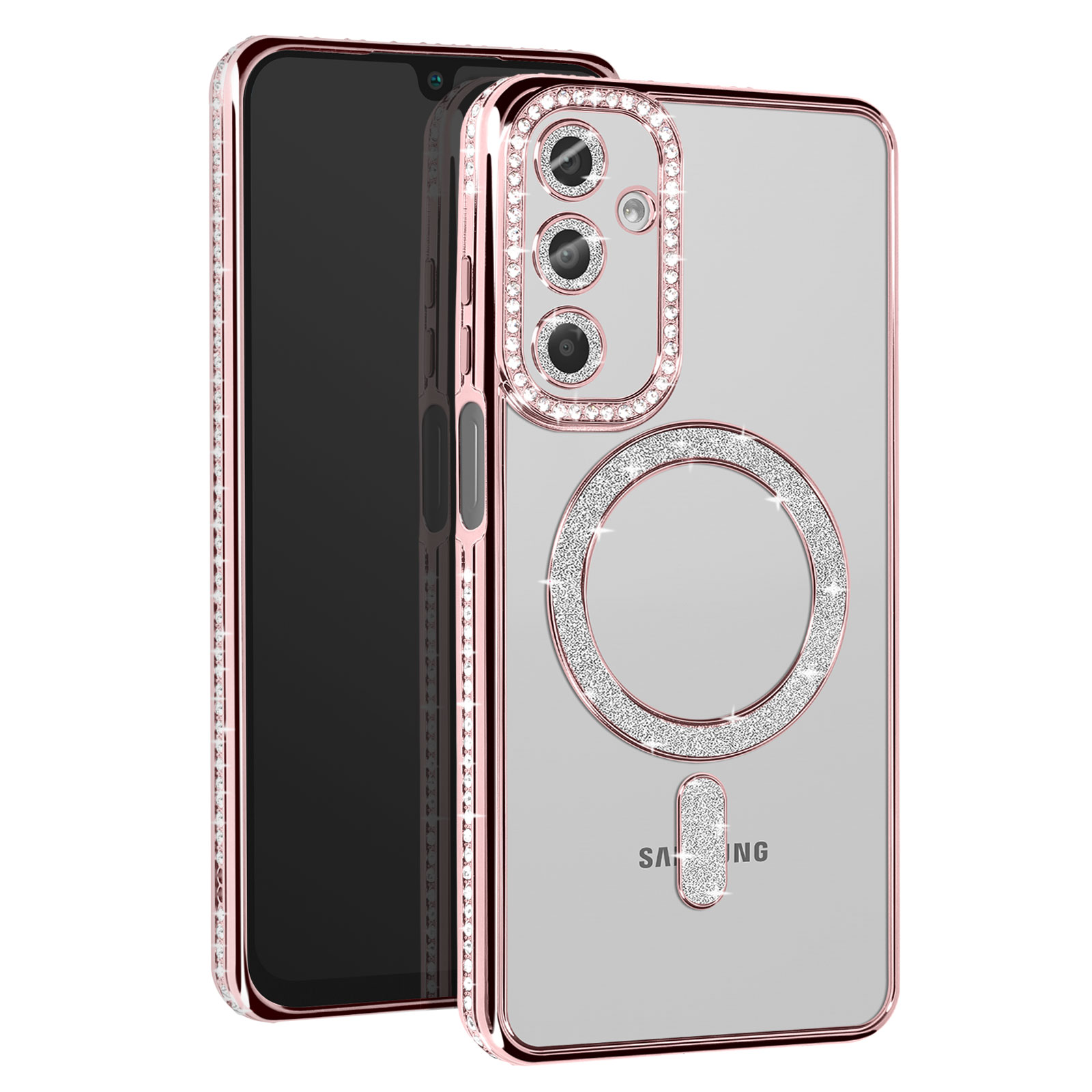 Un téléphone rose avec une coque avec des diamants et le logo Samsung.