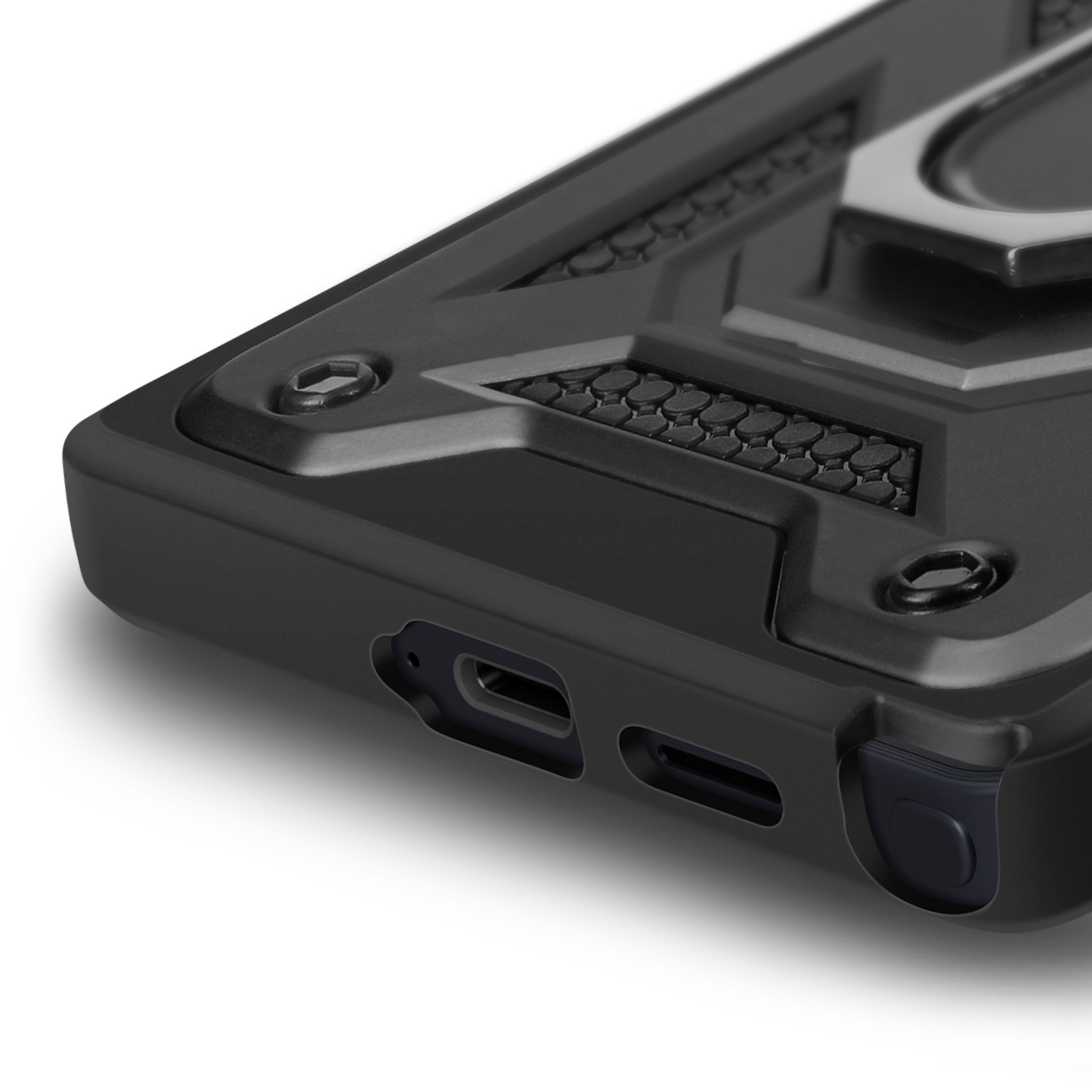 Primo piano dell'angolo della custodia. Una porta USB-C e un altoparlante sono visibili.