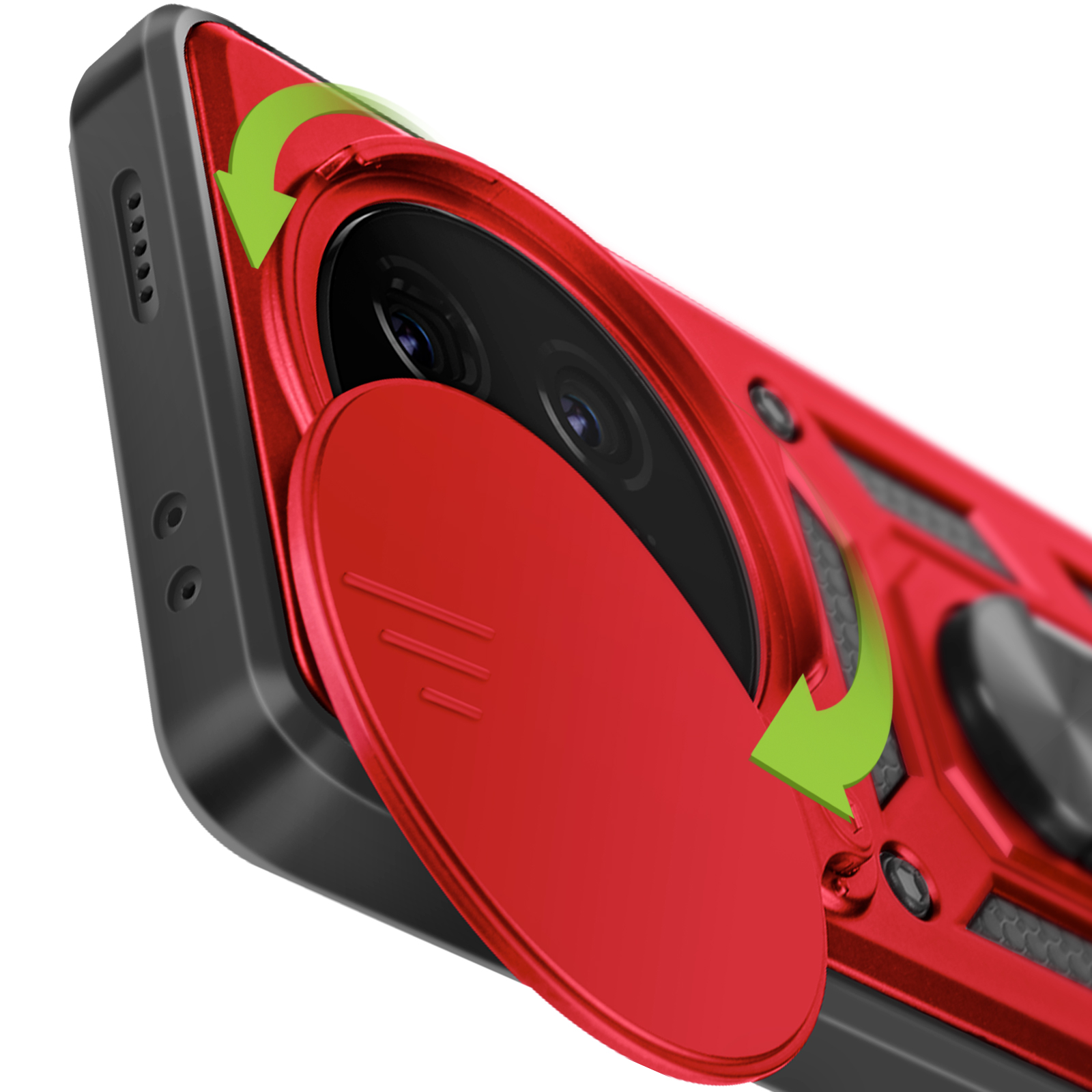 Custodia rossa con copertura della fotocamera aperta, che rivela l'obiettivo, con frecce verdi.