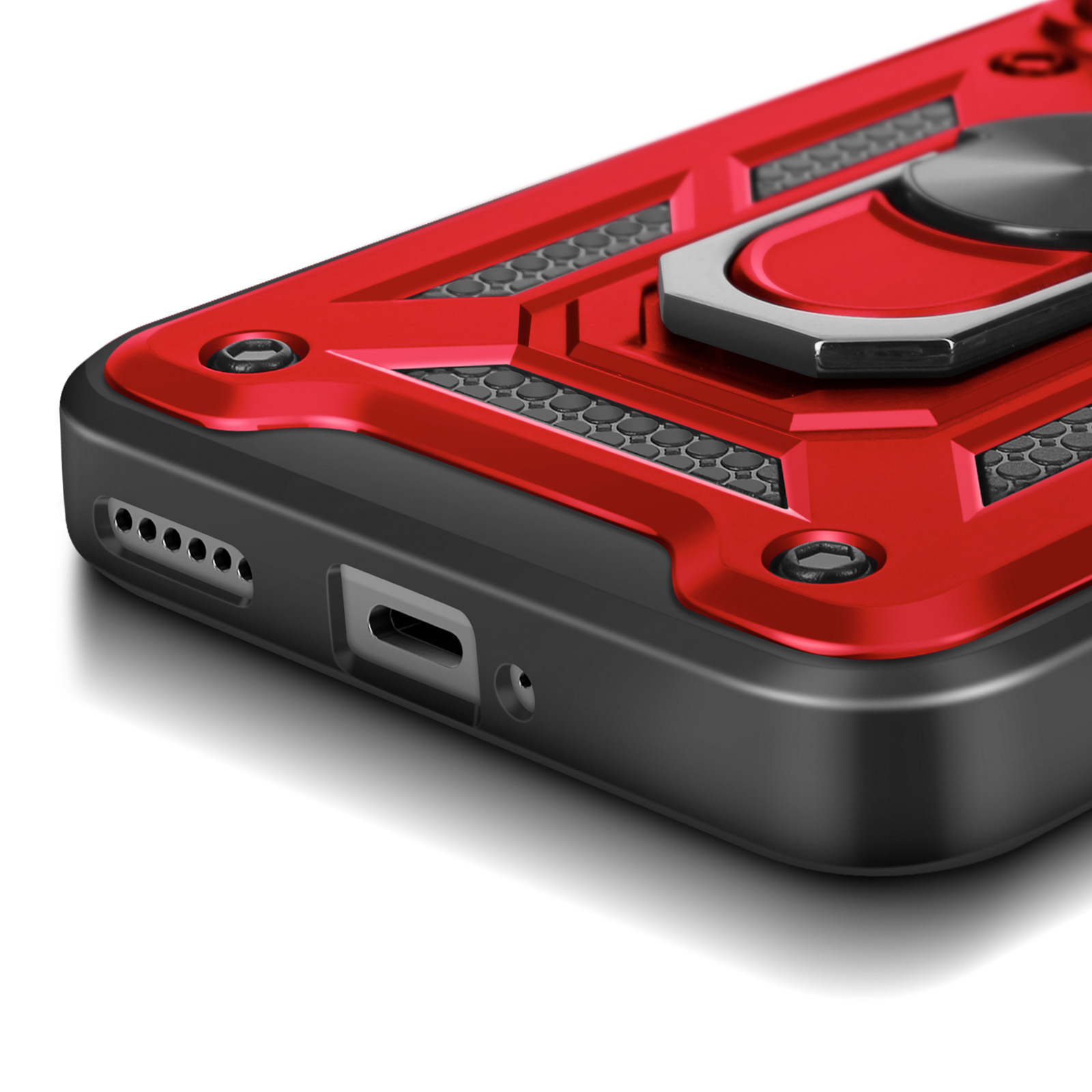 Primo piano di una custodia rossa con design esagonale nero e porta.