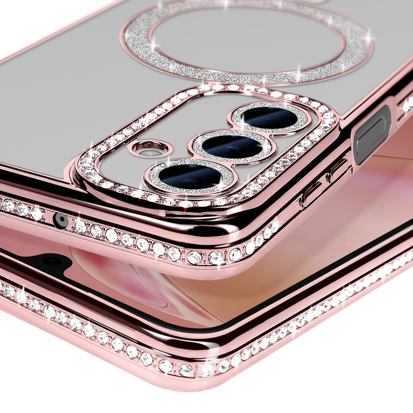 Gros plan sur une coque de téléphone avec un cadre rose et des diamants.