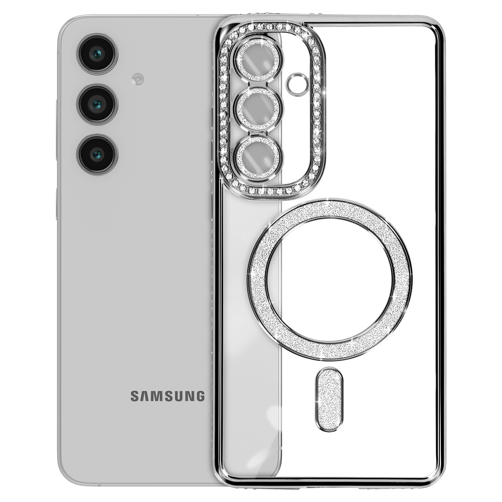 Telefono argentato con custodia trasparente. La custodia ha strass intorno alla fotocamera e alla ricarica.