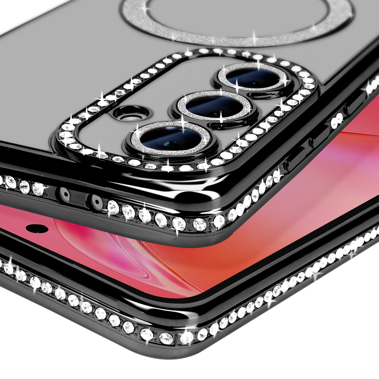 Primo piano di una custodia con diamanti, che mostra la fotocamera e i dettagli del telefono.