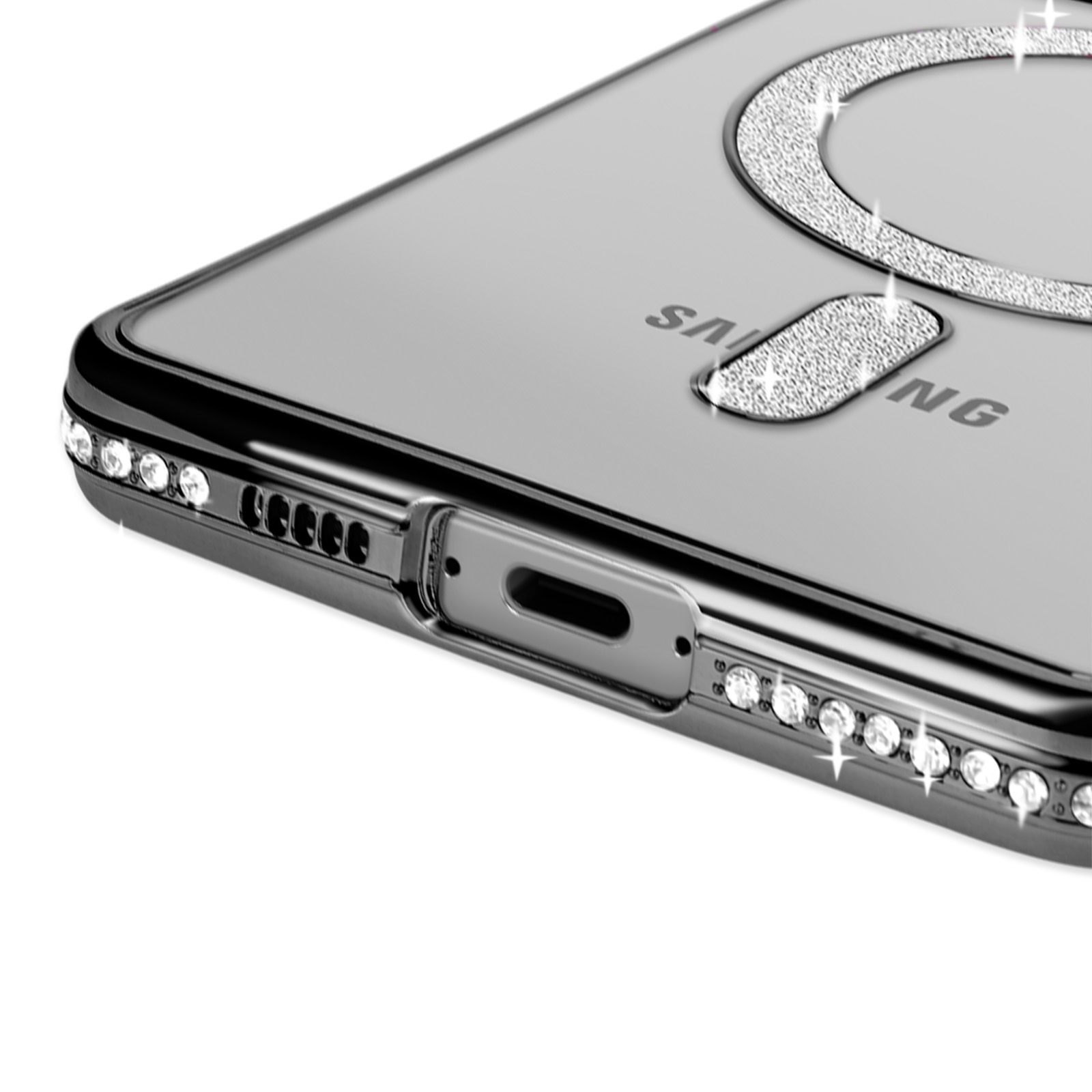 Primo piano di una custodia per telefono che mostra la porta e i diamanti, sfondo nero.